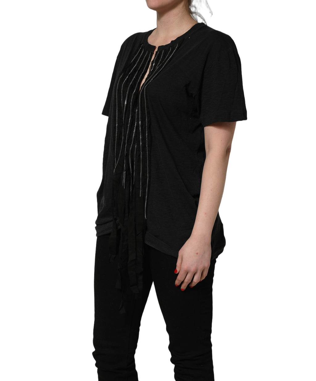 T-shirt à manches courtes en coton noir Dsquared² avec chaîne décorative et embellissements métalliques, mode urbaine élégante.