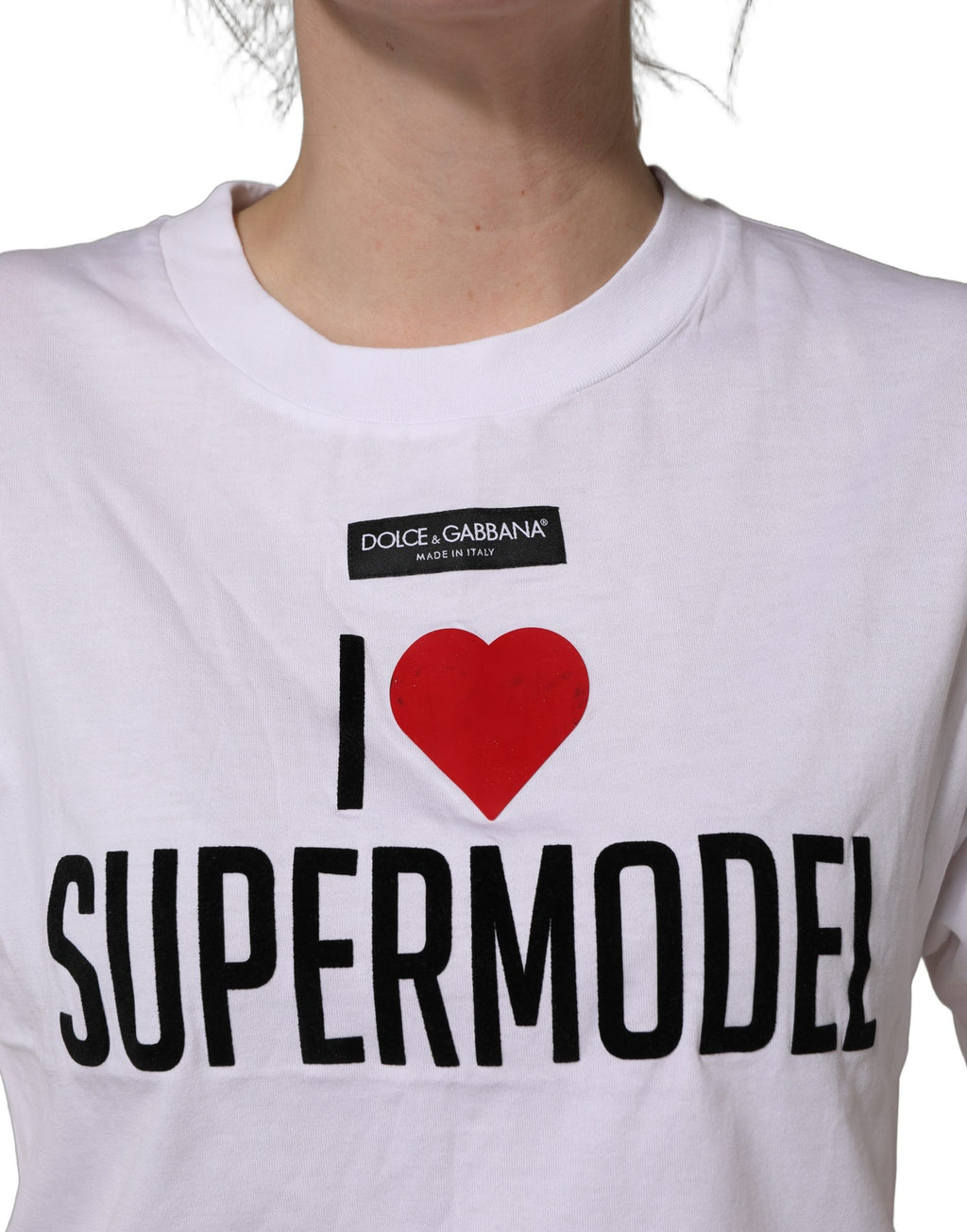T-shirt blanc Dolce & Gabbana I Love Supermodel en coton avec col rond, vue frontale.