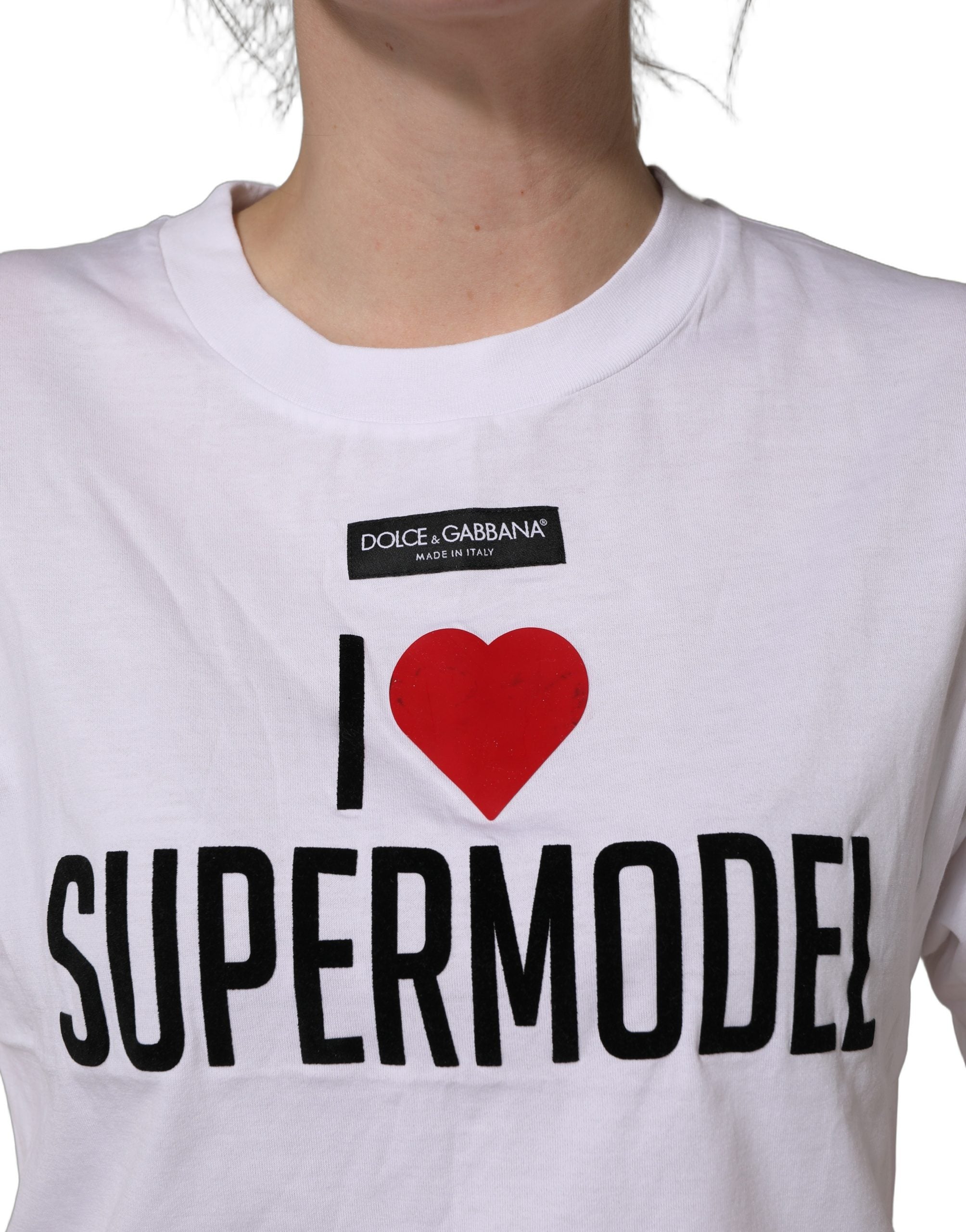 T-shirt blanc Dolce & Gabbana I Love Supermodel en coton avec col rond, vue frontale.