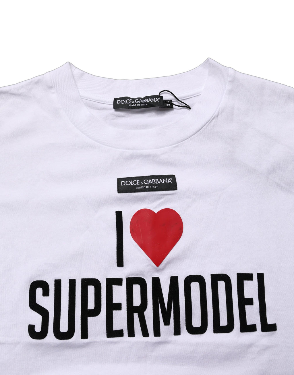 T-shirt blanc Dolce & Gabbana I Love Supermodel en coton avec col rond, vue de face.