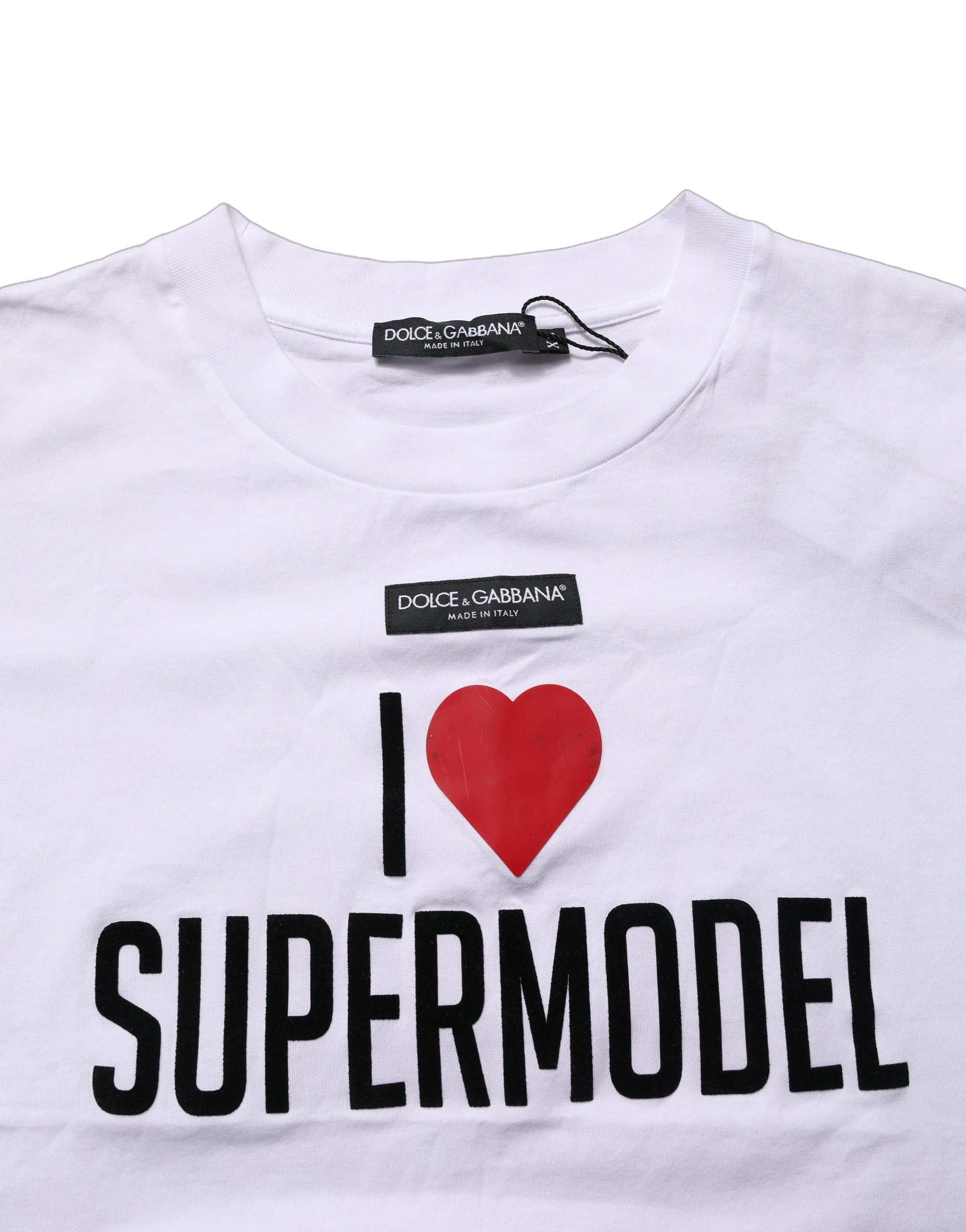 T-shirt blanc Dolce & Gabbana I Love Supermodel en coton avec col rond, vue de face.