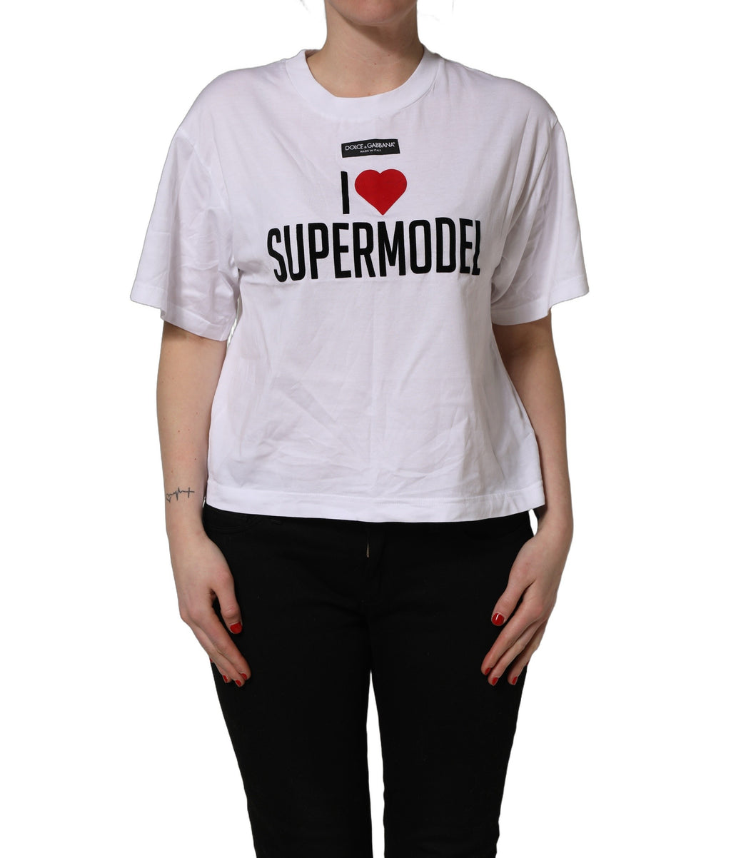 T-shirt en coton blanc Dolce & Gabbana I Love Supermodel avec col rond, vue de face, mode décontractée.