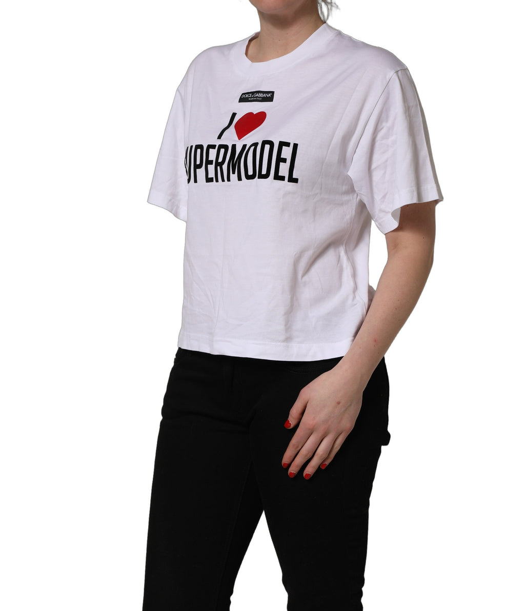 T-shirt blanc Dolce & Gabbana I Love Supermodel en coton avec col rond, vue de face, détails visibles sur l'image.