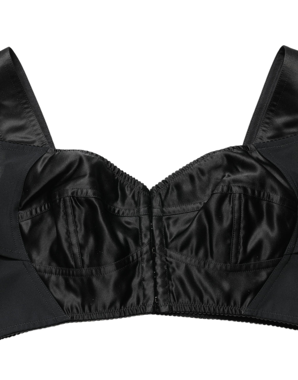 Corset noir en satin et nylon de Dolce & Gabbana, sans manches, coupe courte et ajustée, pour un style élégant et moderne.