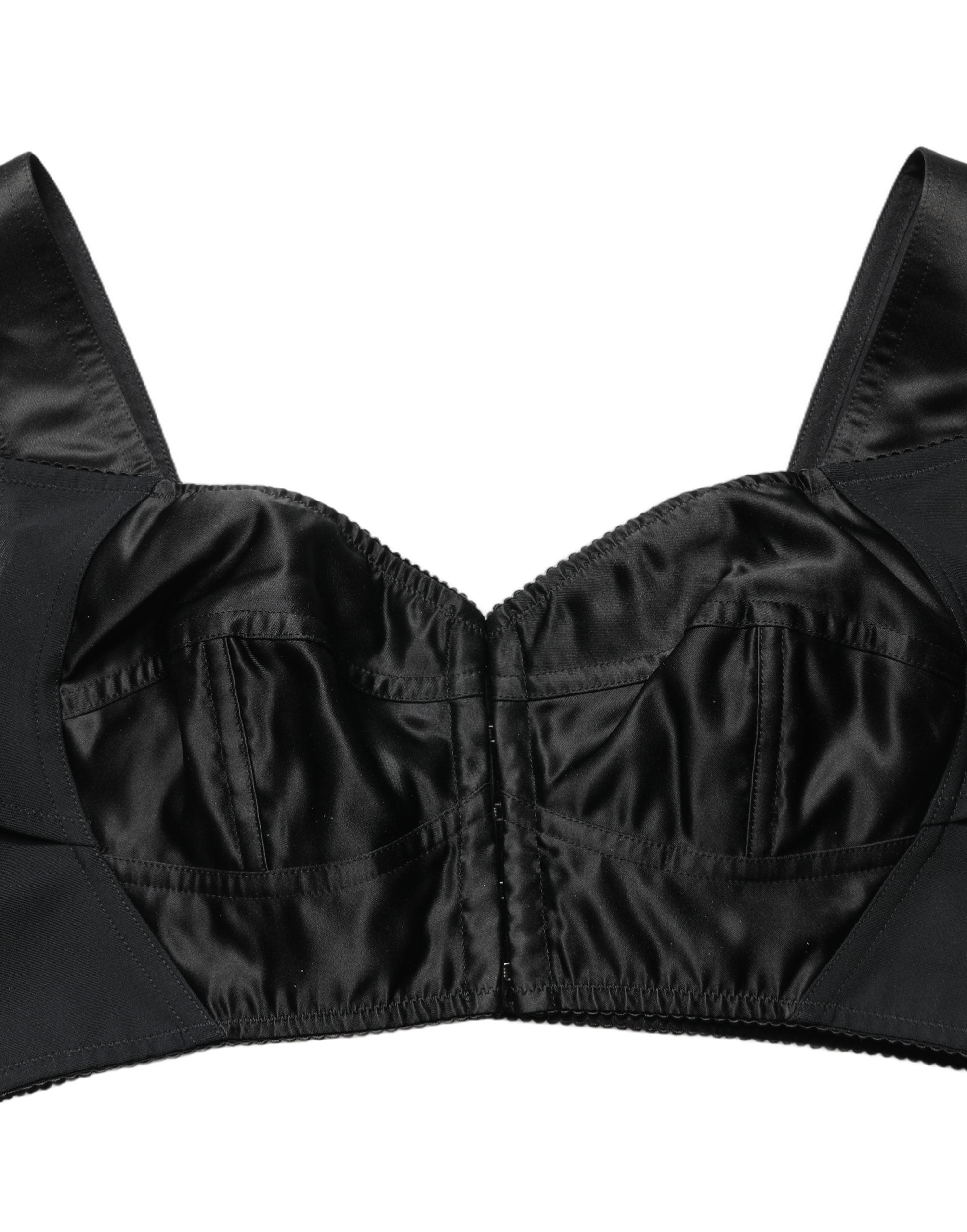 Corset noir en satin et nylon de Dolce & Gabbana, sans manches, coupe courte et ajustée, pour un style élégant et moderne.