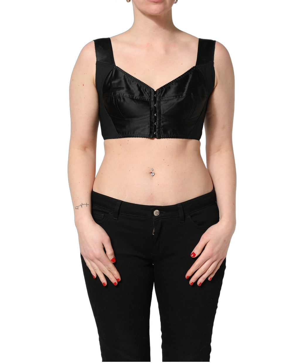 Corset noir en satin et nylon de Dolce & Gabbana, sans manches, top court et ajusté avec détails élégants.