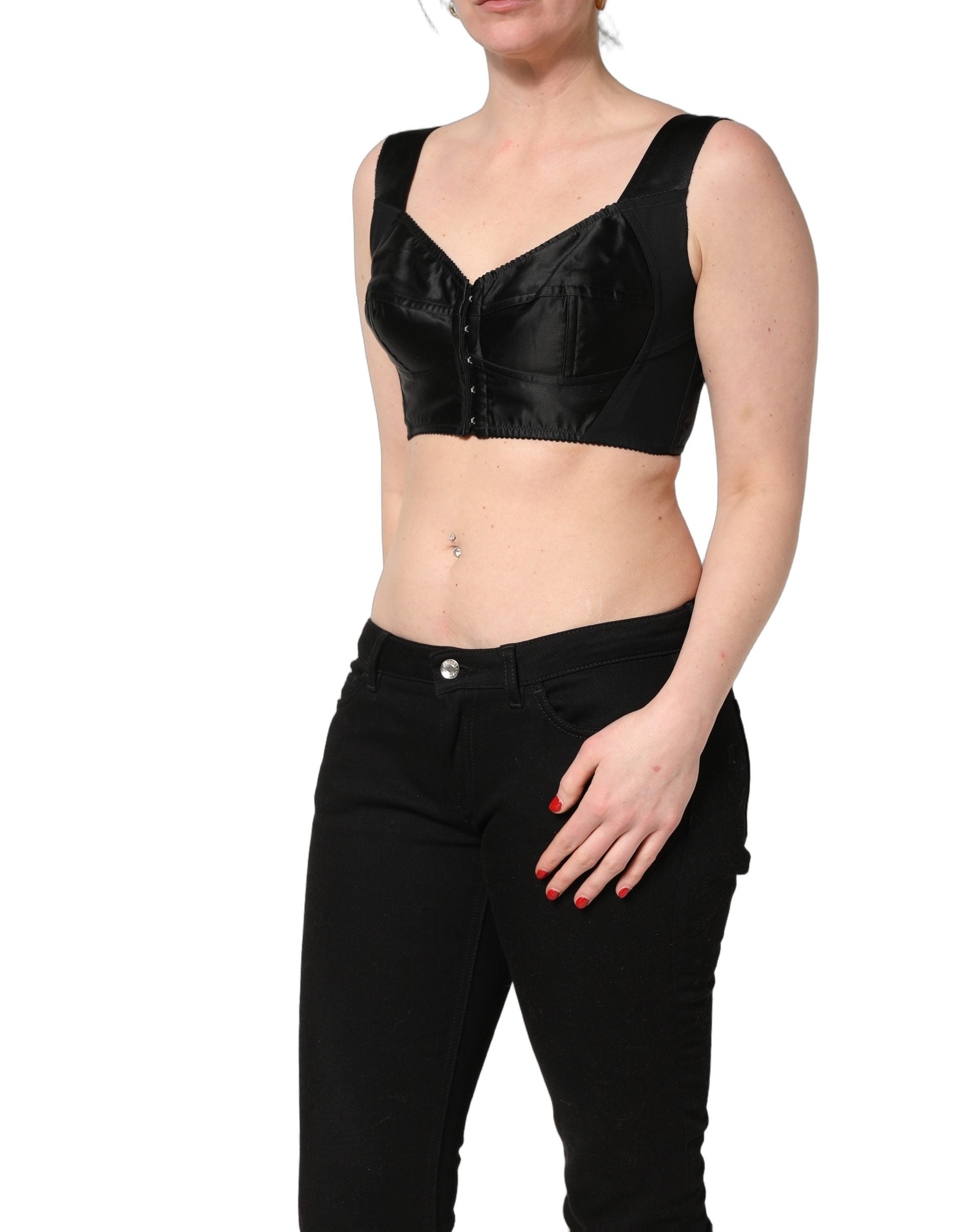 Corset noir en satin et nylon de Dolce & Gabbana, sans manches, haut court et élégant avec détails raffinés.
