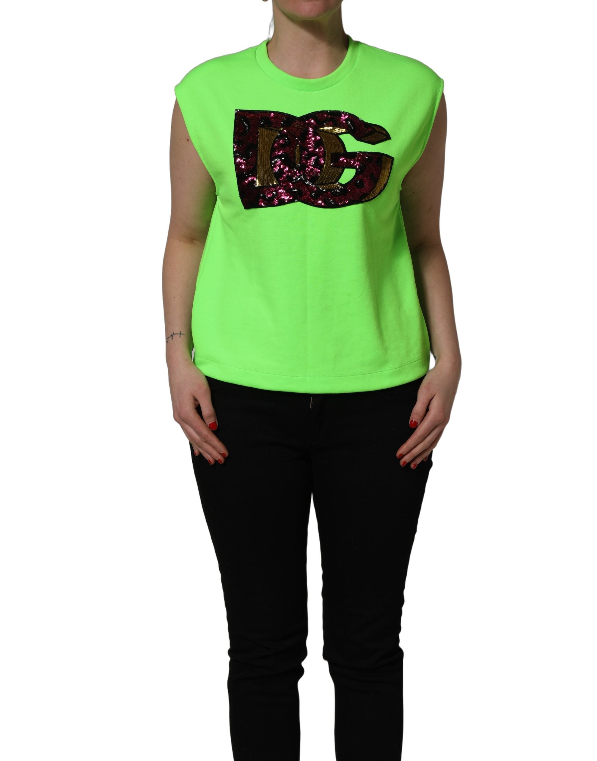 Top sans manches en jersey avec sequins vert néon de Dolce & Gabbana, style élégant et brillant.