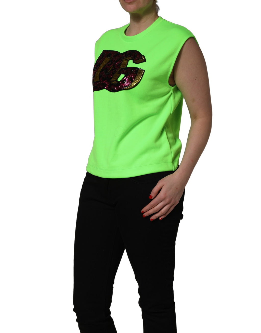 Haut sans manches en jersey brillant vert néon Dolce & Gabbana avec sequins, style élégant et moderne.