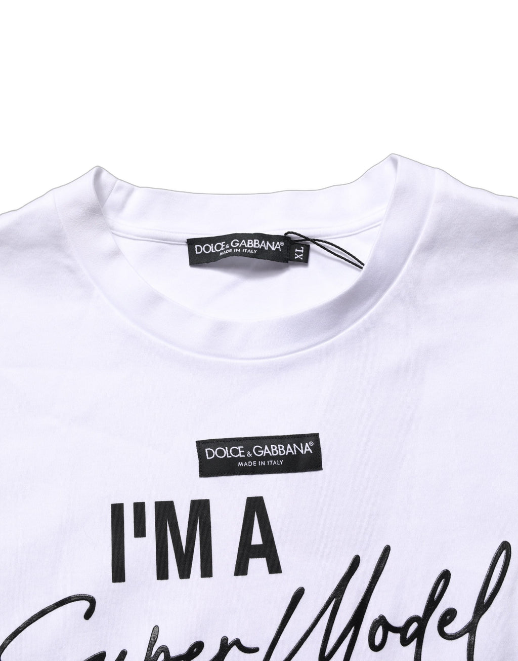 T-shirt en jersey blanc Dolce & Gabbana "I'm A Super Model Fan" avec impression graphique, col rond et coupe décontractée.