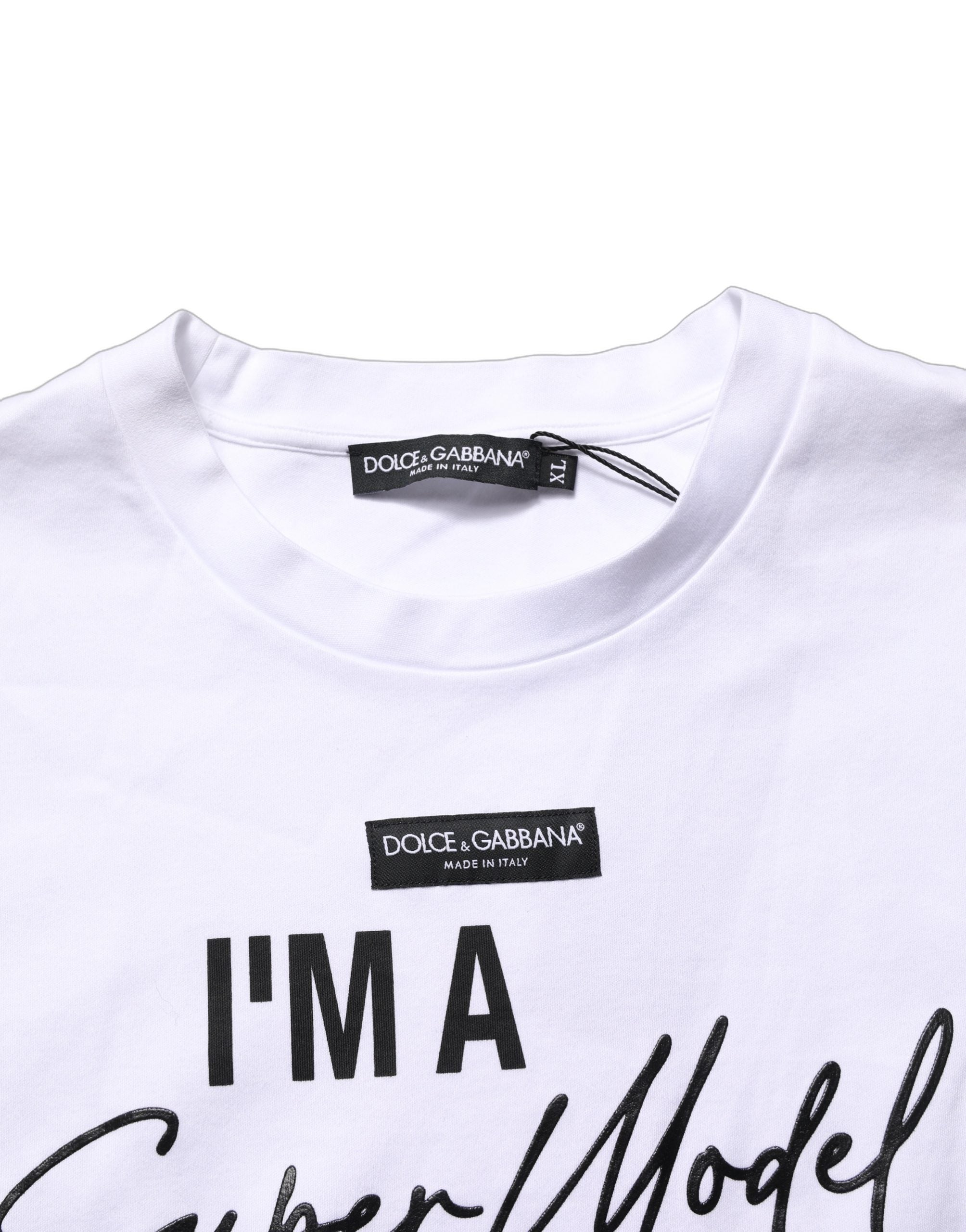 T-shirt en jersey blanc Dolce & Gabbana "I'm A Super Model Fan" avec impression graphique, col rond et coupe décontractée.