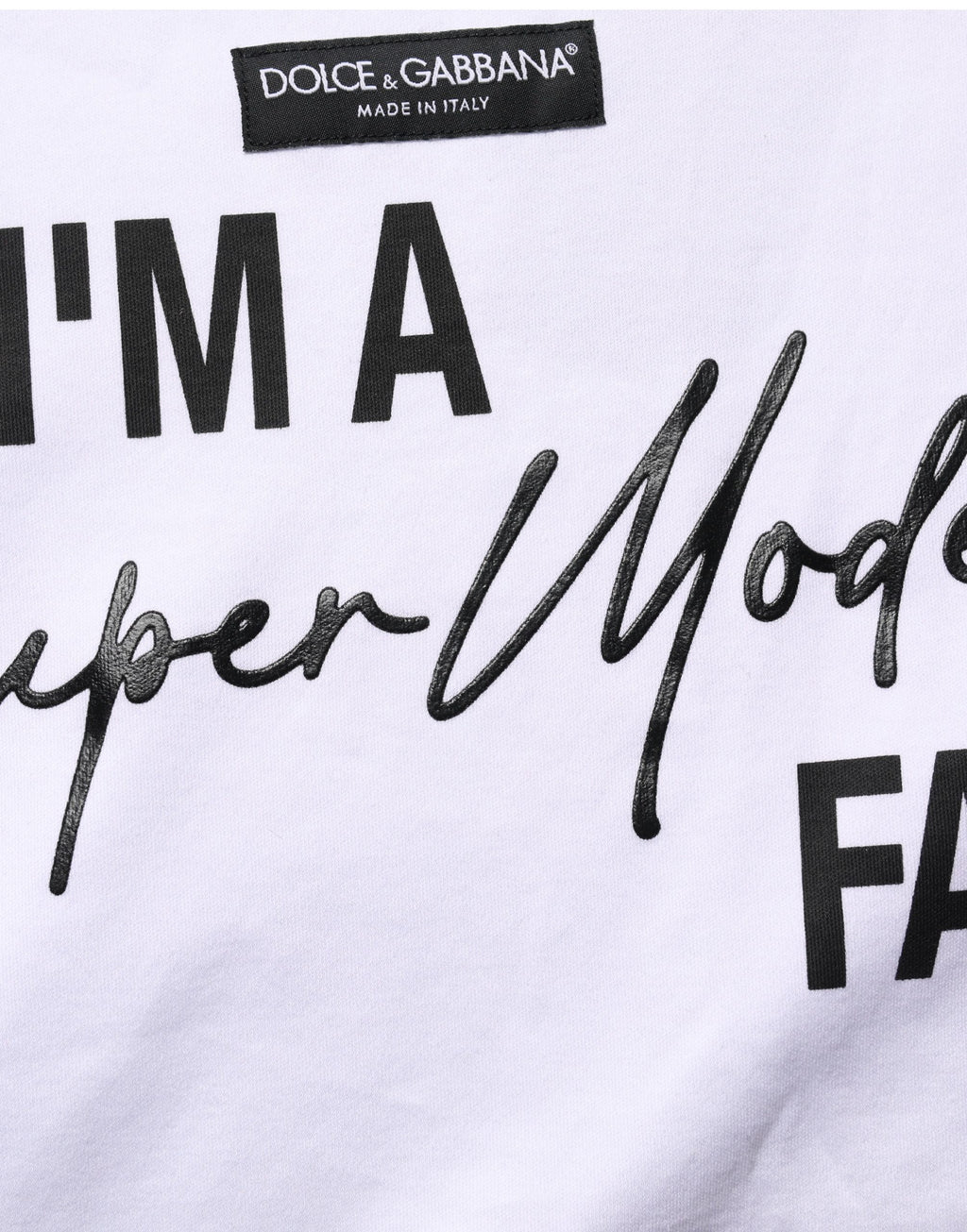 T-shirt en jersey blanc Dolce & Gabbana "I'm A Super Model Fan" avec imprimé, style décontracté et logo visible.