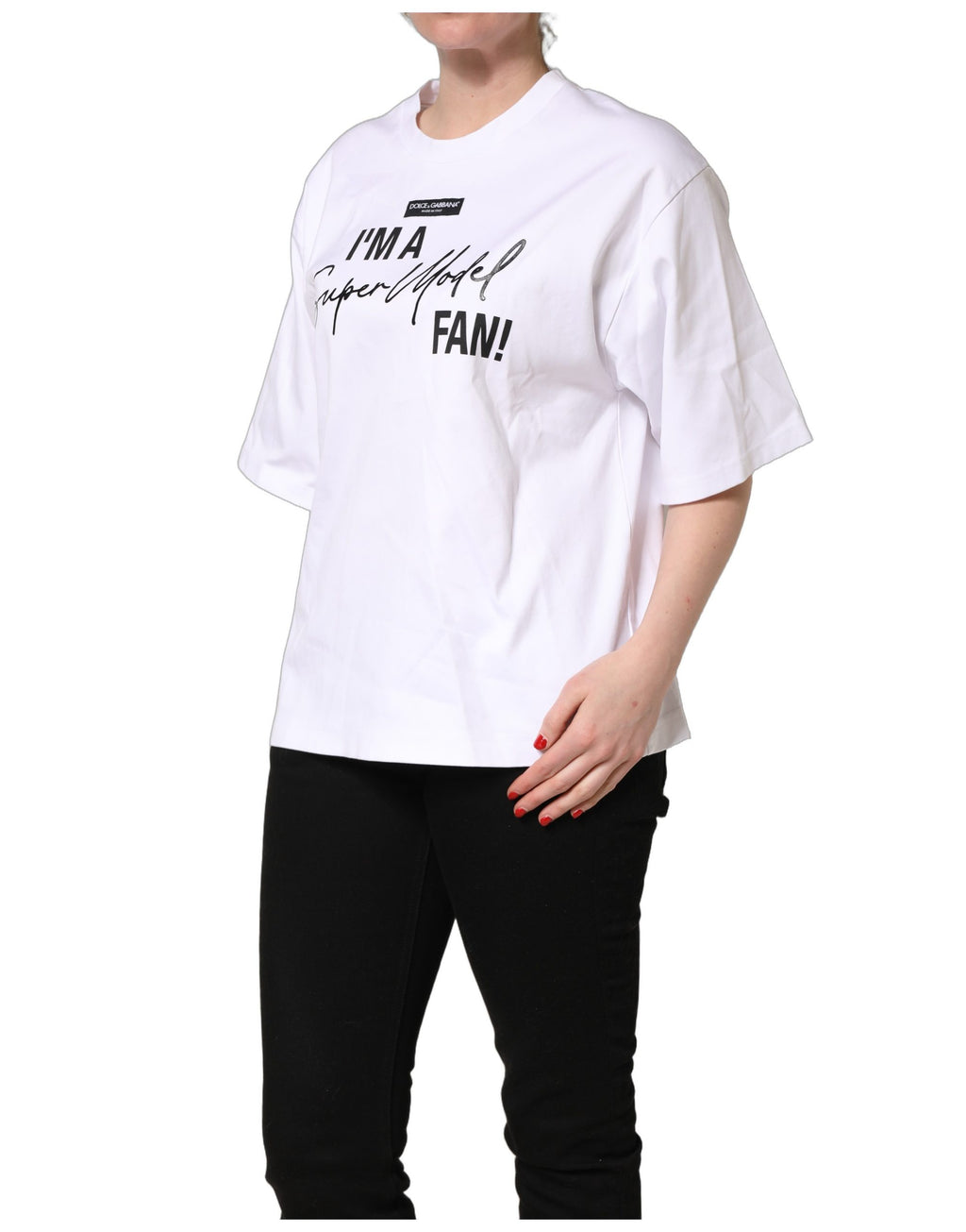 T-shirt en jersey blanc Dolce & Gabbana "I'm A Super Model Fan" avec impression graphique, coupe classique, vue de face.