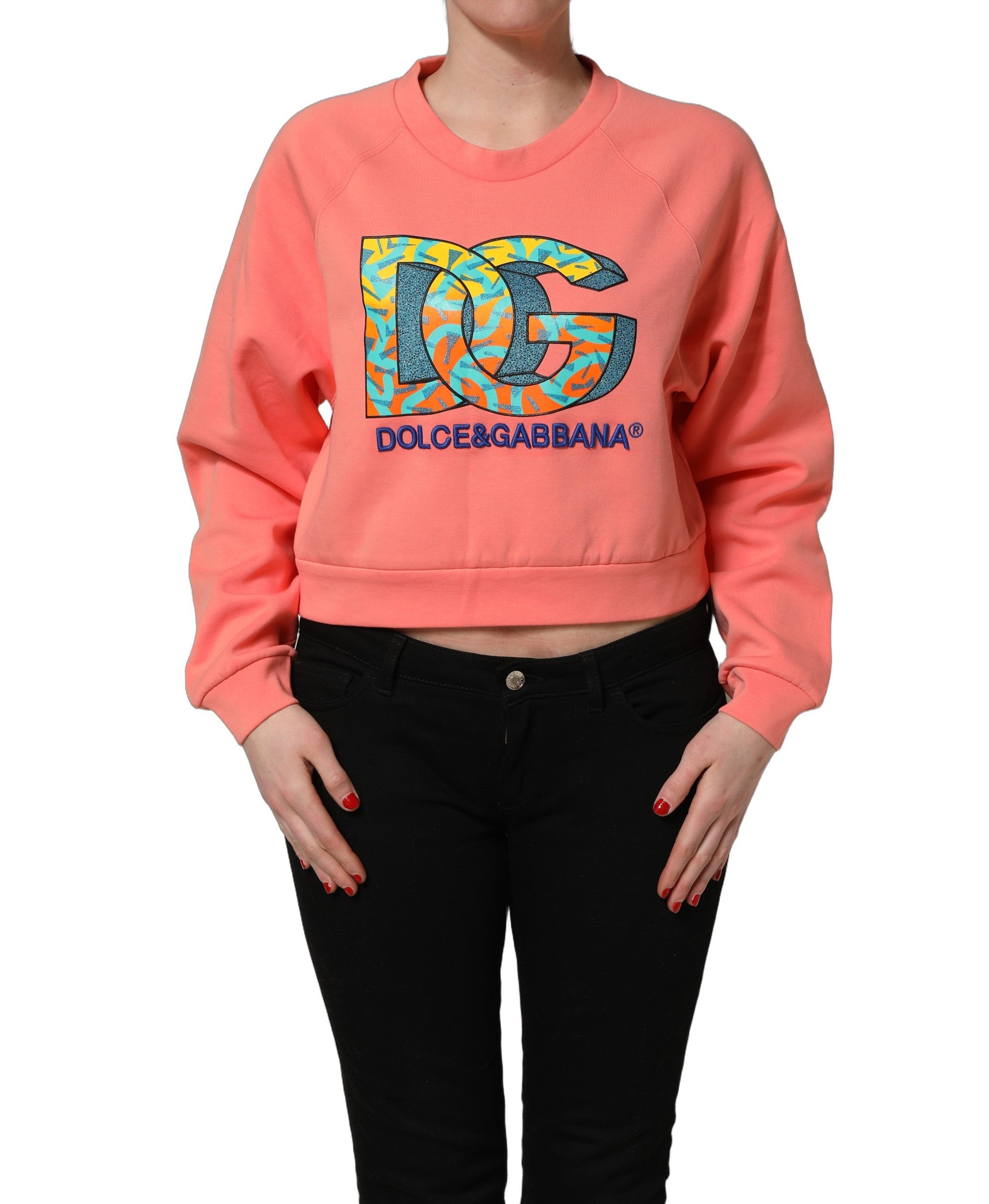 Sweat-shirt crop à col rond rose avec graphismes Dolce & Gabbana, pull en coton à manches longues pour femme.