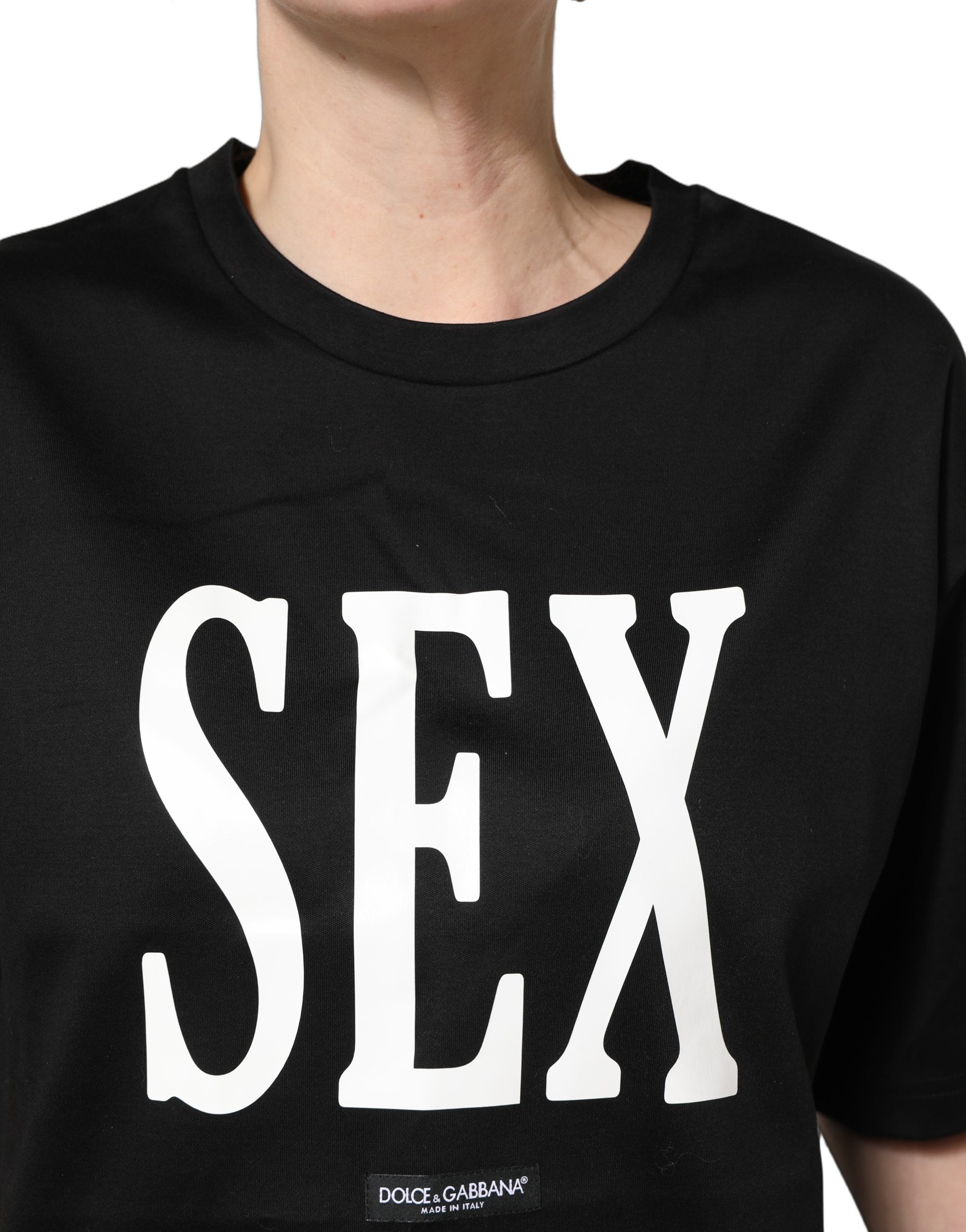 T-shirt à manches courtes en jersey noir Dolce & Gabbana avec graphique et col rond, style élégant et moderne.