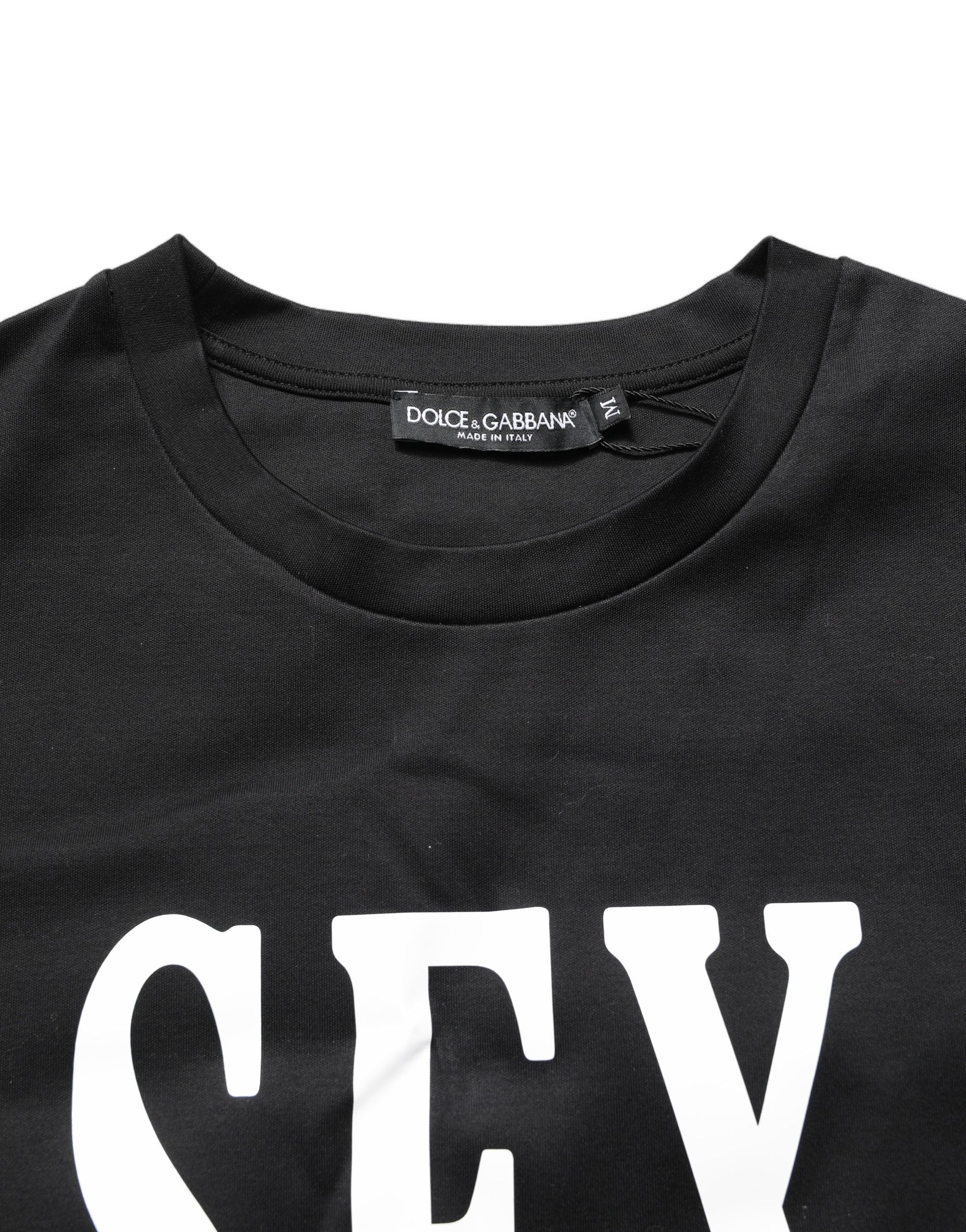 T-shirt à manches courtes en jersey noir Dolce & Gabbana avec motif graphique et col rond, mode élégante et décontractée.