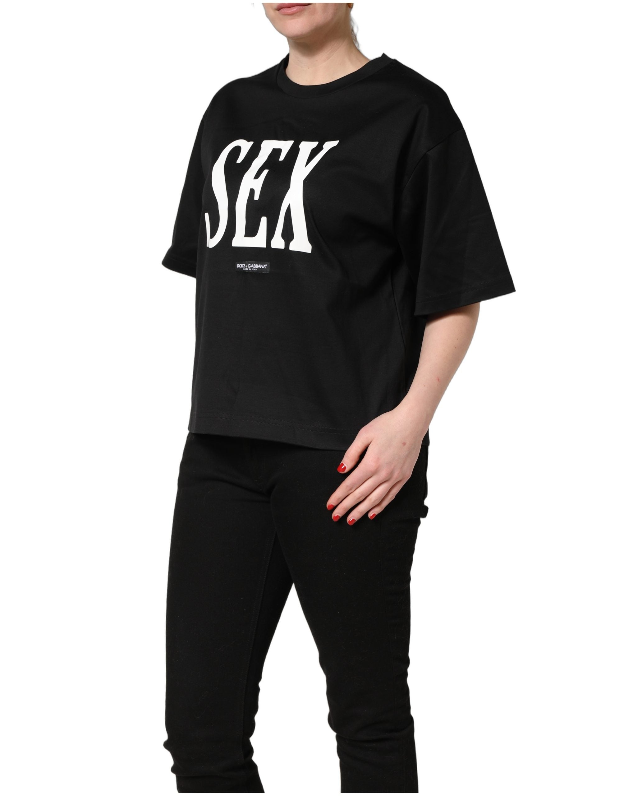 T-shirt à manches courtes en jersey noir Dolce & Gabbana avec graphique et col rond, style décontracté et élégant.