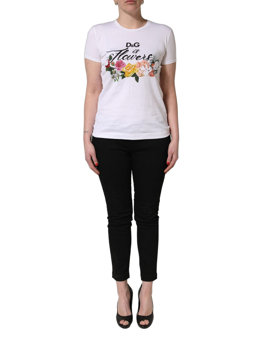 T-shirt à manches courtes blanc Dolce & Gabbana avec motif floral graphique et col rond, vue de face.