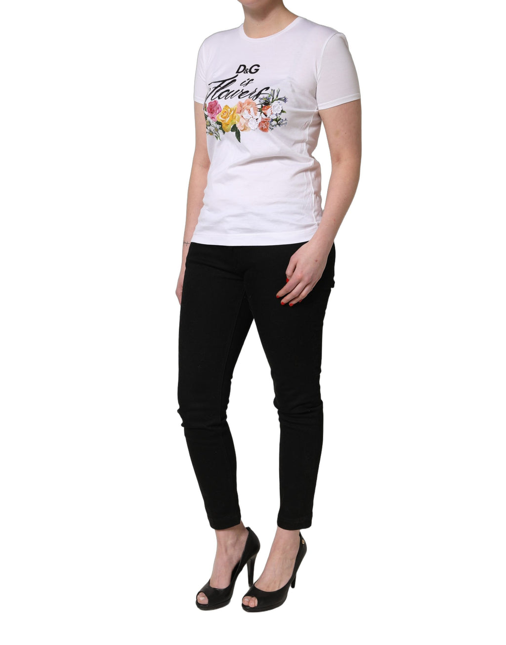 T-shirt blanc Dolce & Gabbana à manches courtes avec motif floral graphique et col rond.