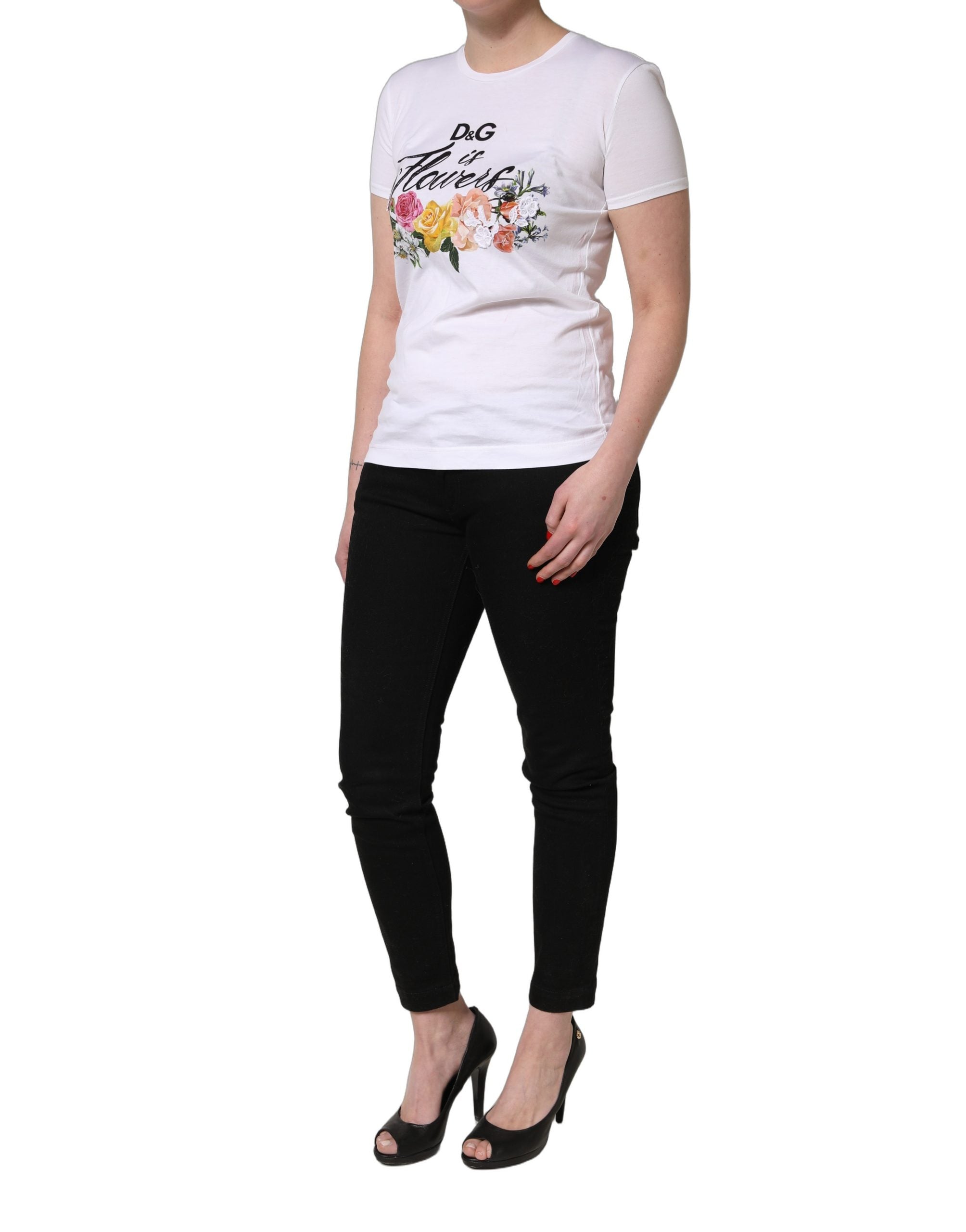T-shirt blanc Dolce & Gabbana à manches courtes avec motif floral graphique et col rond.