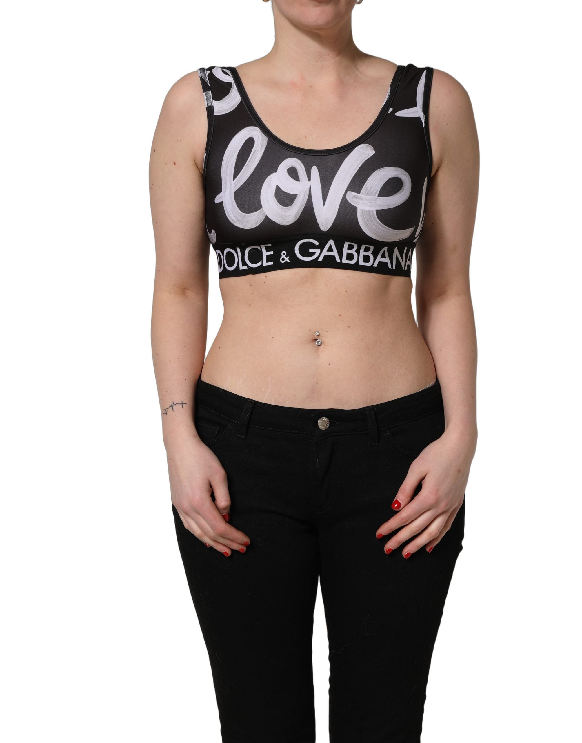 Soutien-gorge de sport noir Dolce & Gabbana DG Love Yourself, cropped top avec logo et design élégant.