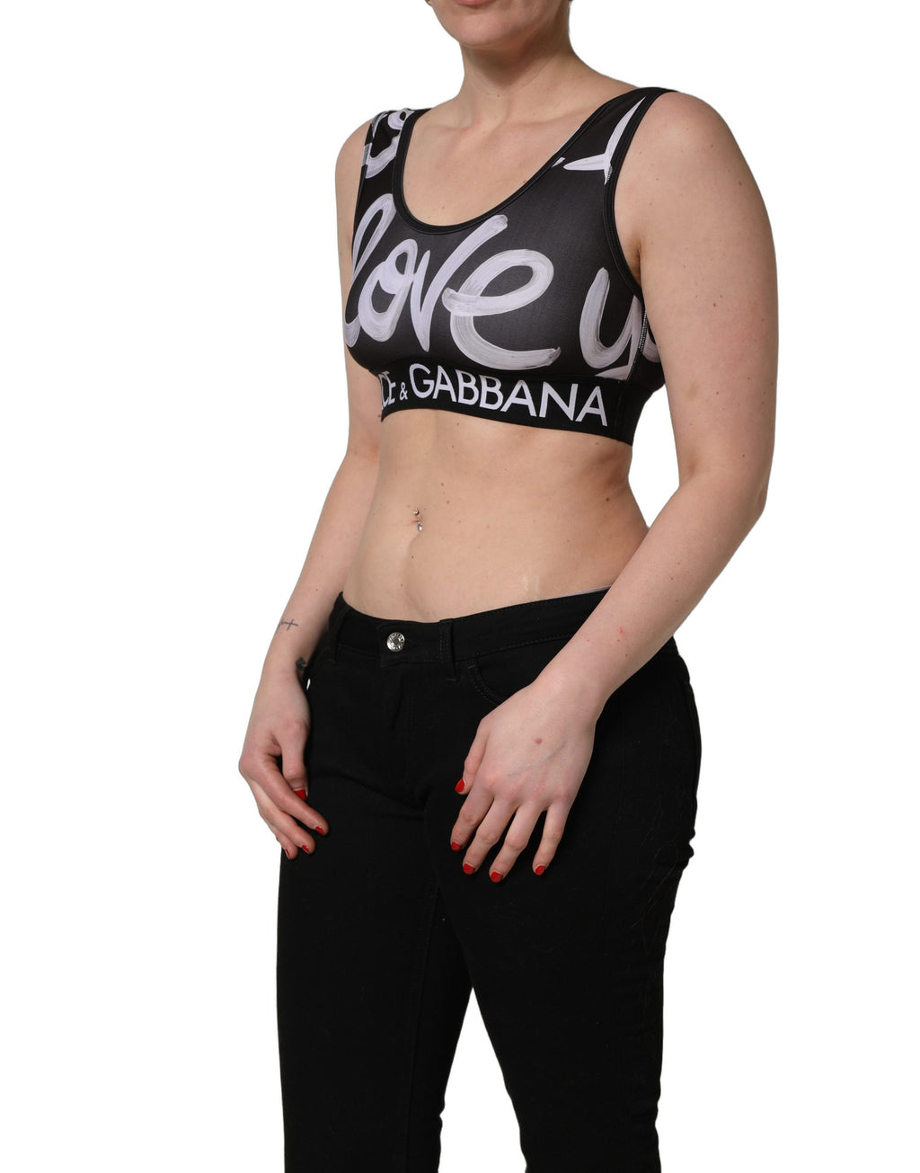 Soutien-gorge de sport noir Dolce & Gabbana DG Love Yourself, crop top ajusté avec logo et détails modernes.