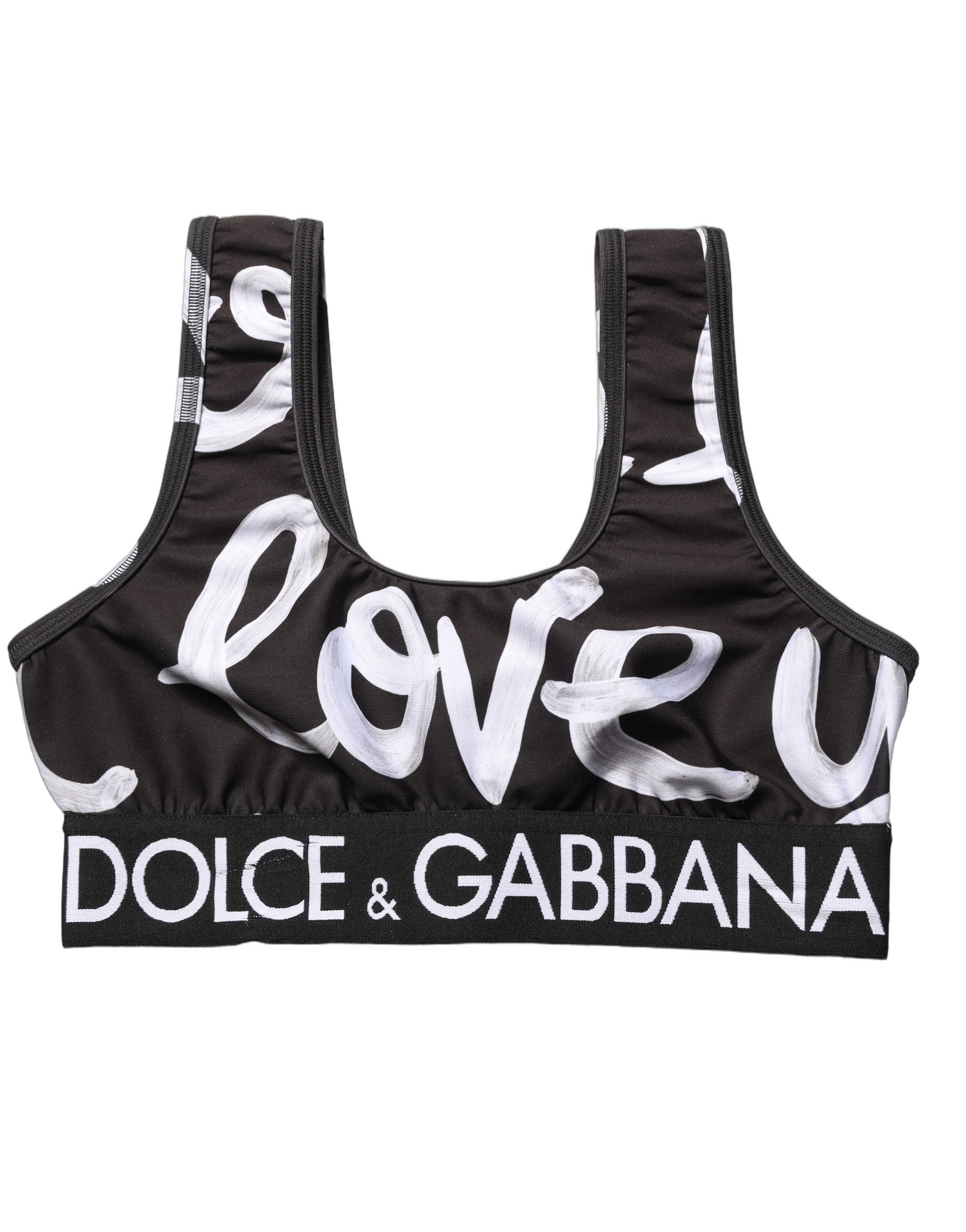 Léger soutien-gorge de sport noir Dolce & Gabbana DG Love Yourself, top court en tissu stretch avec logo en relief.