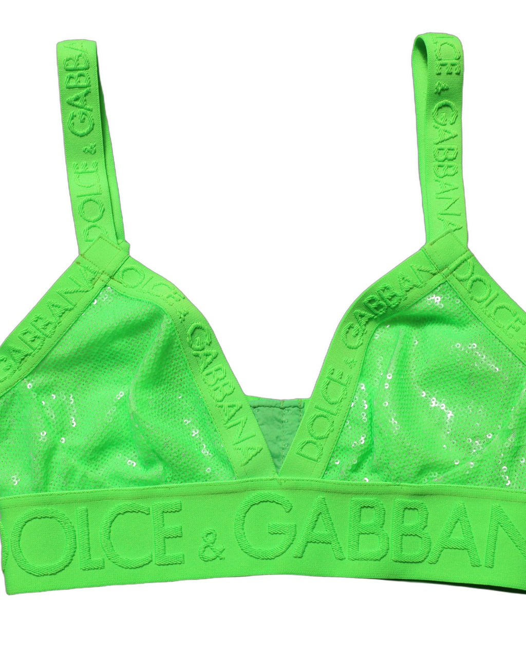 Soutien-gorge crop top Dolce & Gabbana en vert néon avec logo en trim doux et design élégant.