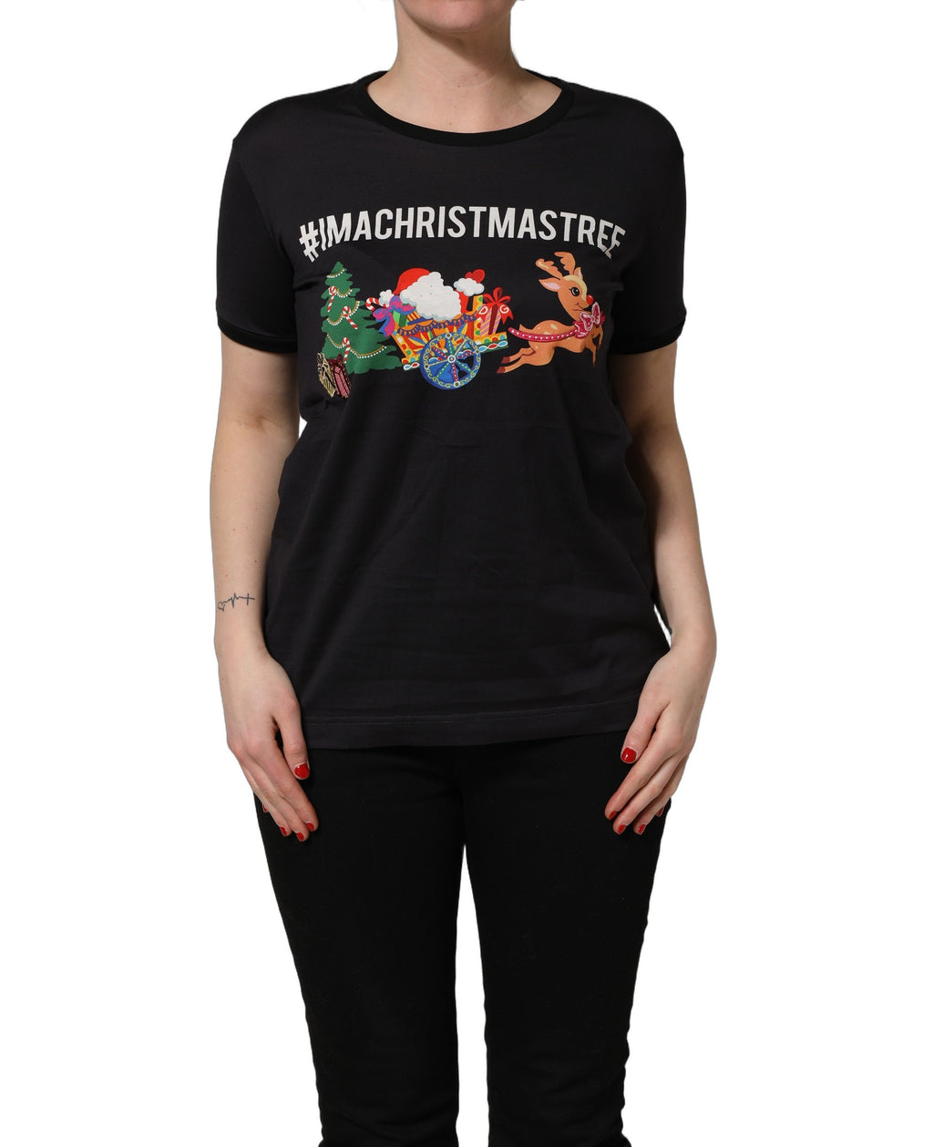 T-shirt en coton noir Dolce & Gabbana avec imprimé #IAMACHRISTMASTREE, design moderne et élégant.