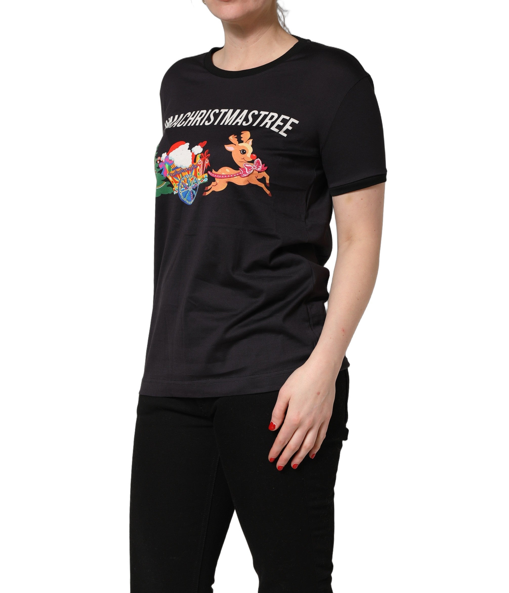 T-shirt en coton noir Dolce & Gabbana #IAMACHRISTMASTREE avec imprimé festif, col rond et coupe décontractée.