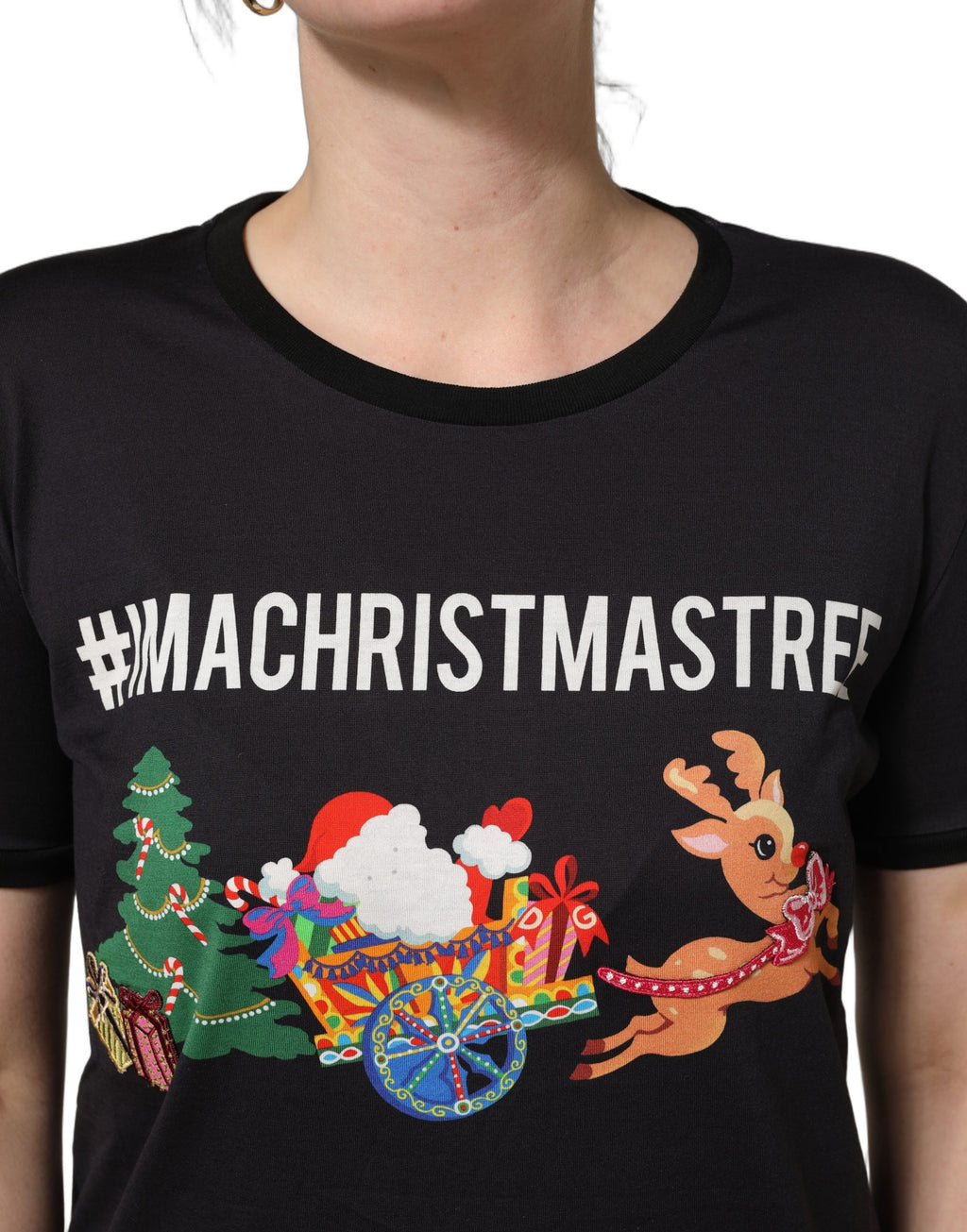 T-shirt en coton noir Dolce & Gabbana avec imprimé #IAMACHRISTMASTREE, motif festif visible sur le devant.