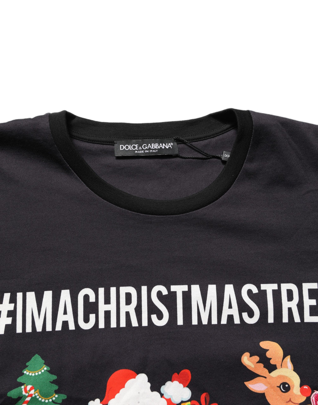 T-shirt en coton noir Dolce & Gabbana avec imprimé #IAMACHRISTMASTREE, style décontracté et graphique.