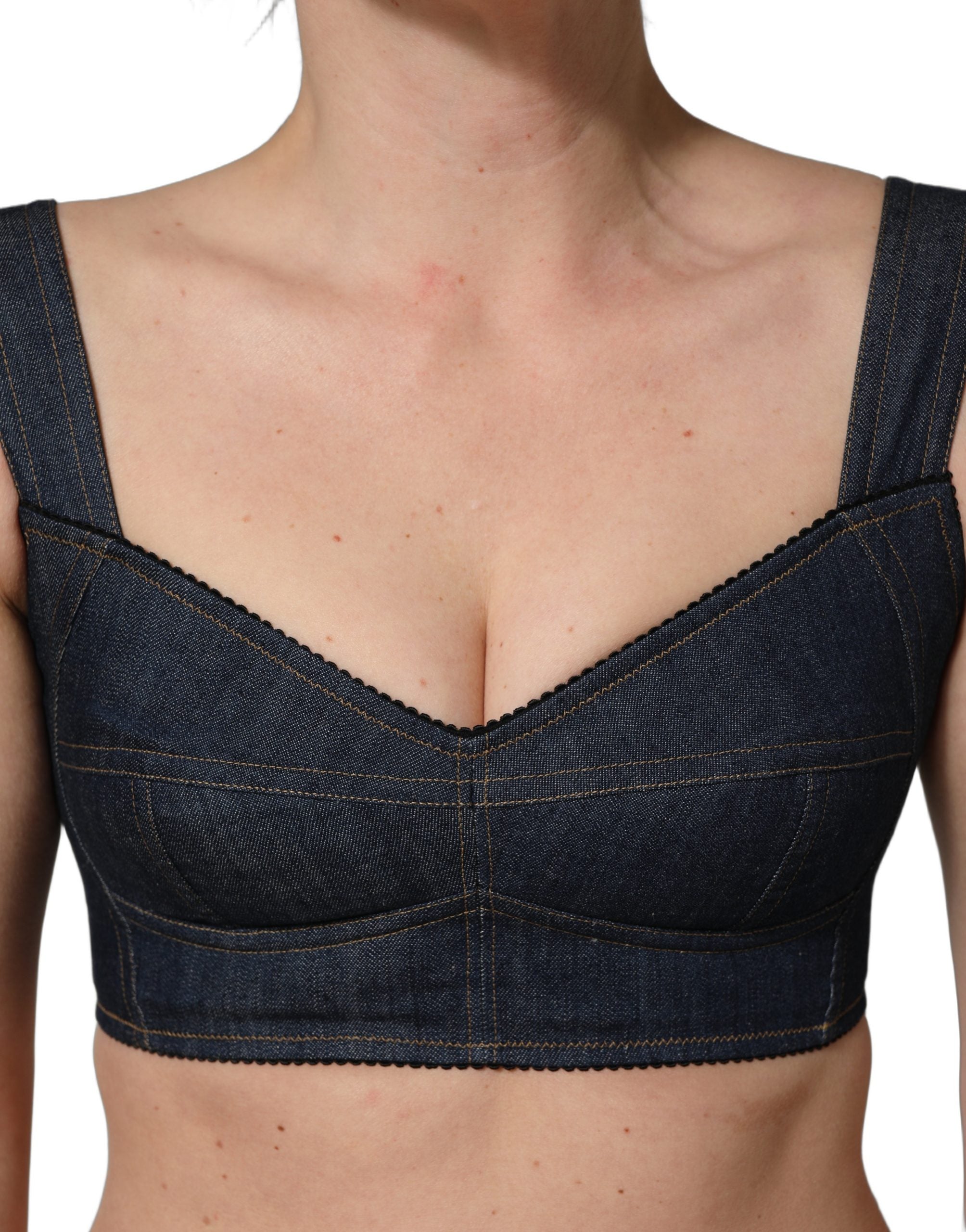 Corset bralette en denim noir Dolce & Gabbana, haut croppe en coton avec détails élégants et ajustés.