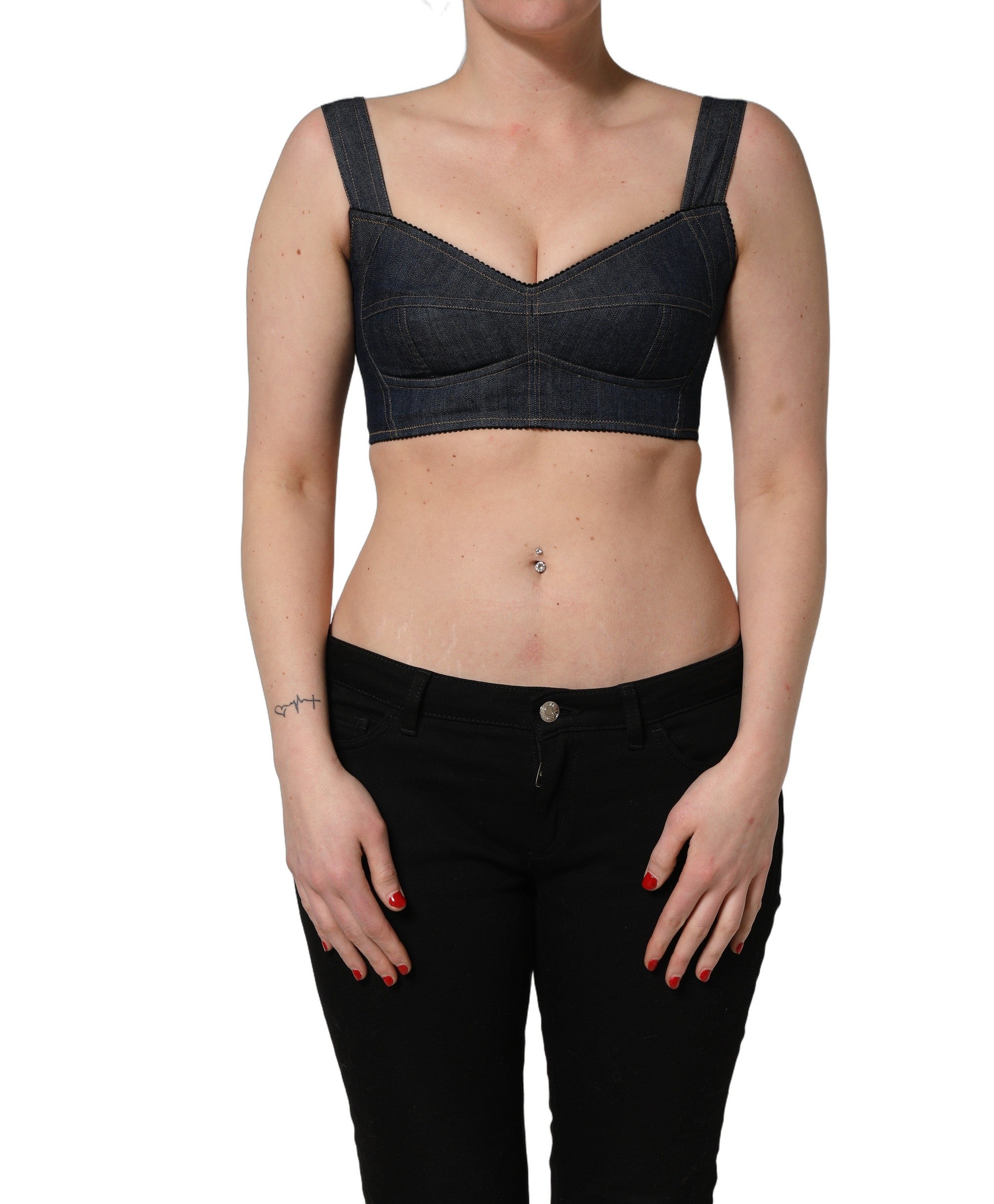 Bralette en denim noir Dolce & Gabbana, corset cintré, haut court en coton avec détails élégants.