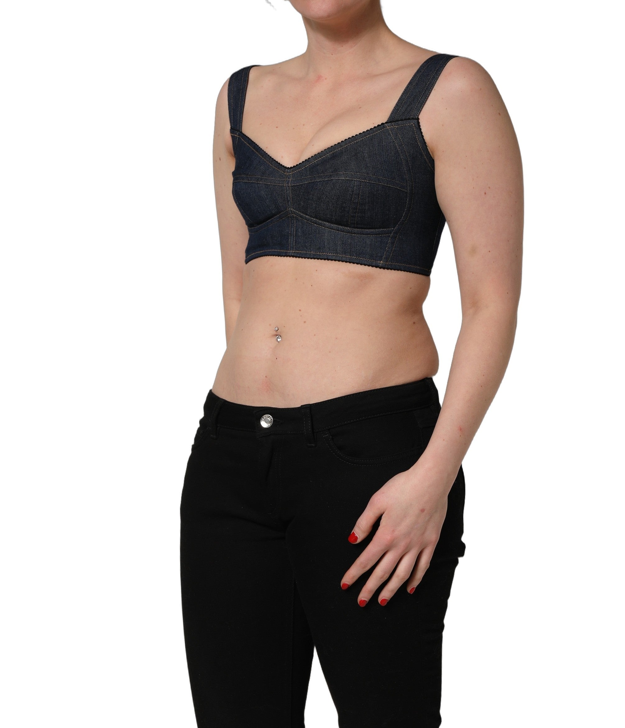 Brassière corset en denim noir de Dolce & Gabbana, top court en coton avec détails élégants et ajustés.