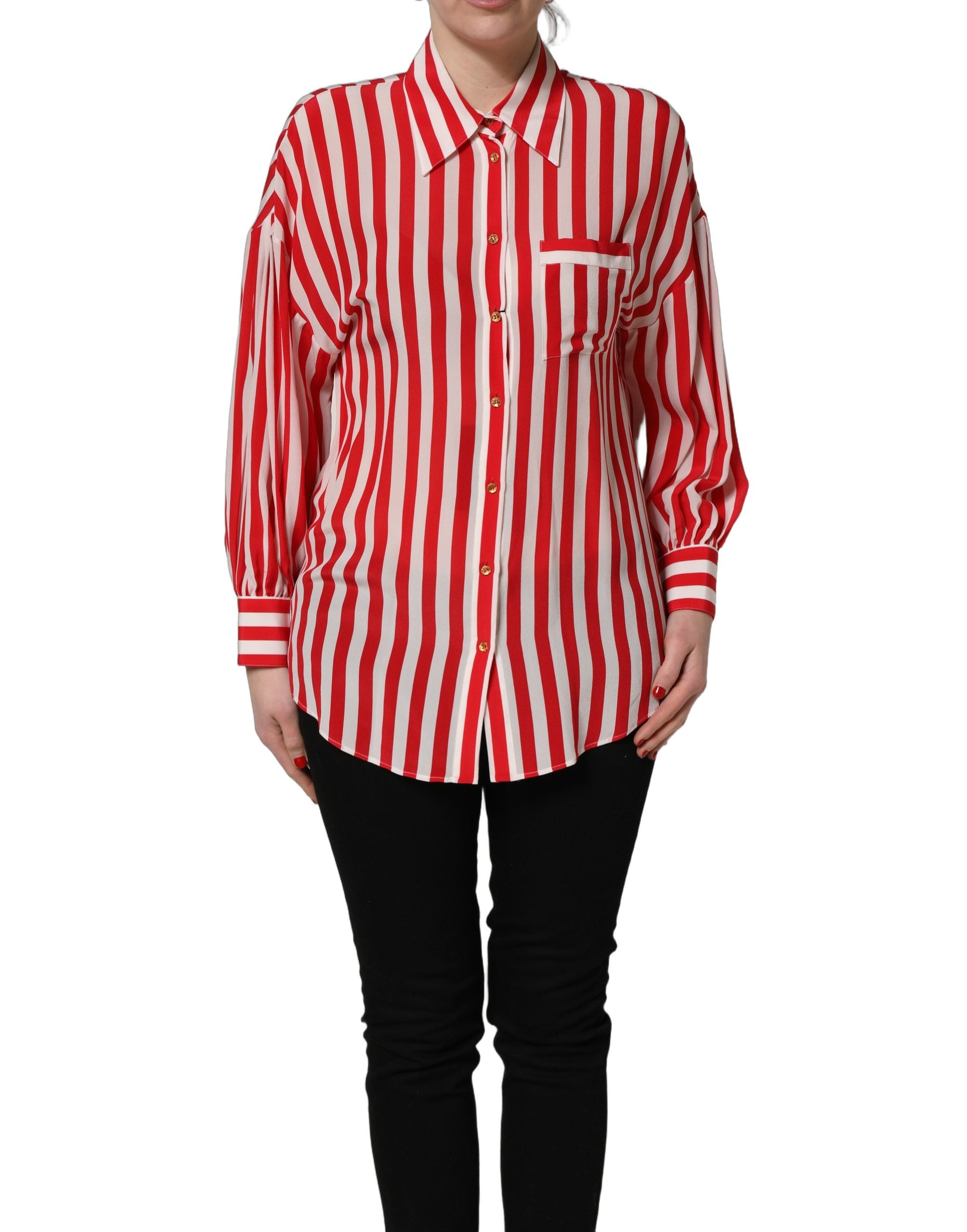 Chemisier en soie à rayures rouges et blanches Dolce & Gabbana à manches longues, élégant et léger.