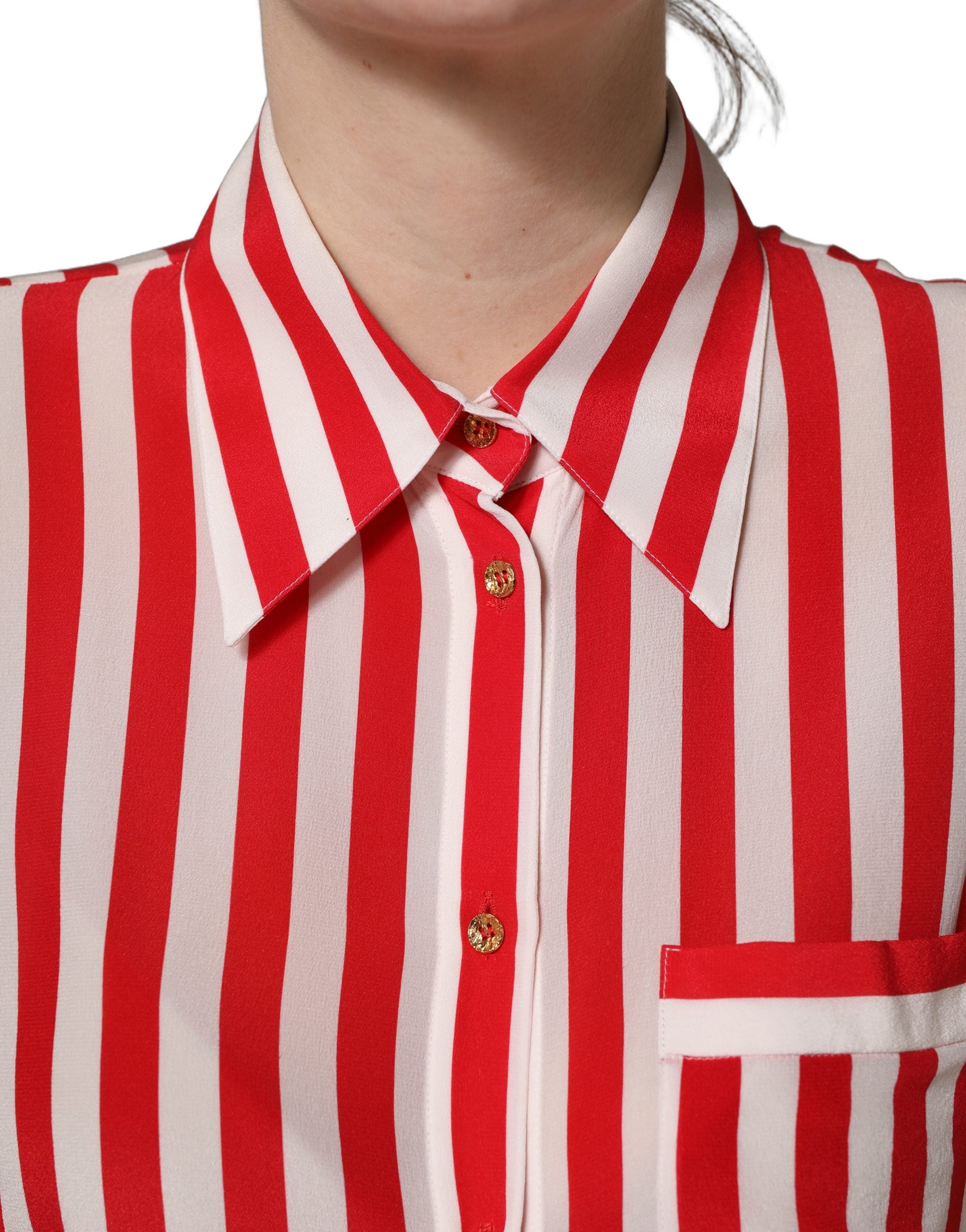 Blouse en soie à rayures rouges et blanches Dolce & Gabbana à manches longues, élégante et sophistiquée.