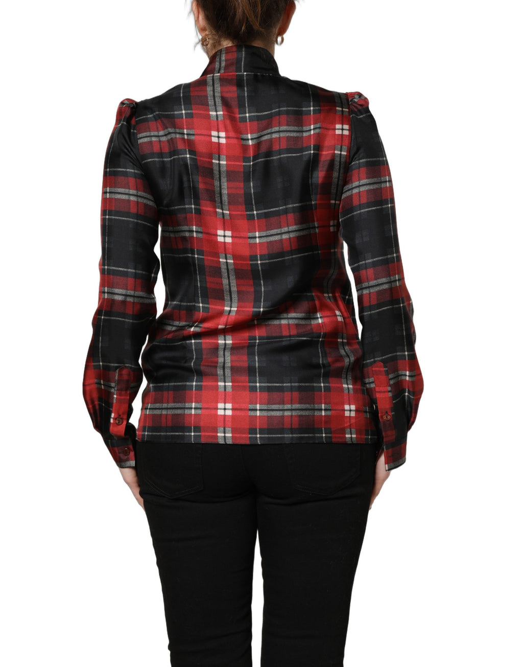 Blouse Dolce & Gabbana en soie à carreaux rouges et noirs avec col à nouer, élégante et tendance.