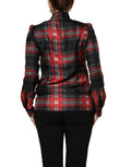Blouse Dolce & Gabbana en soie à carreaux rouges et noirs avec col à nouer, élégante et tendance.