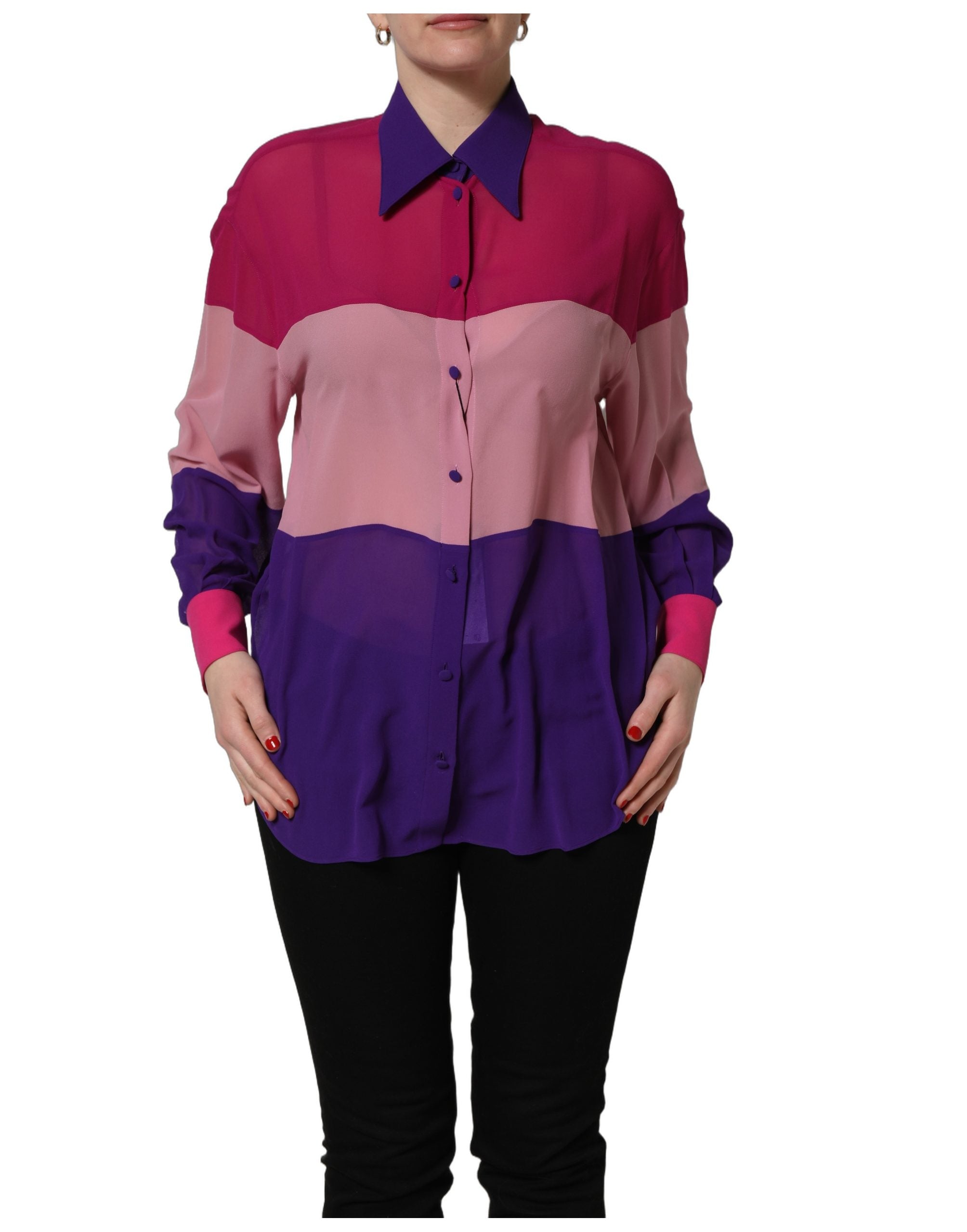 Chemise en soie multicolore Dolce & Gabbana avec patchwork, blouse élégante et colorée, vue de face.