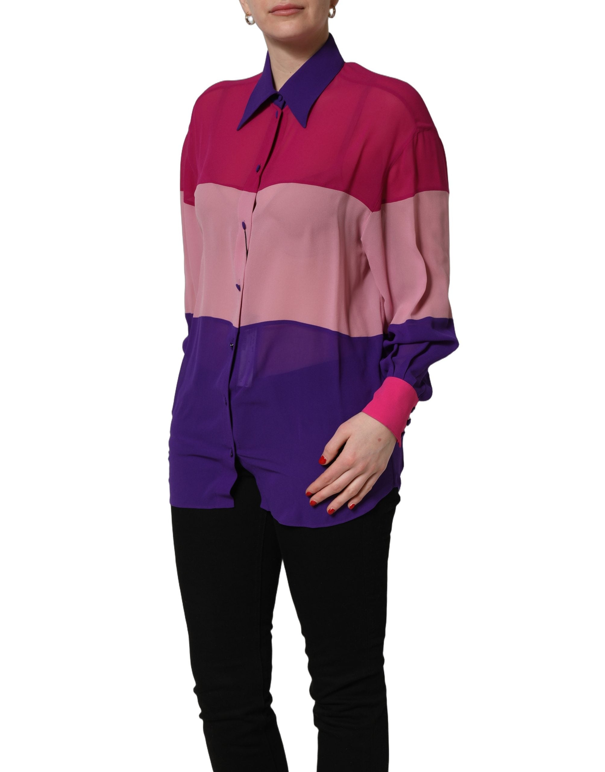 Chemise en soie multicolore Dolce & Gabbana avec patchwork, manches longues et col classique, vue de face.