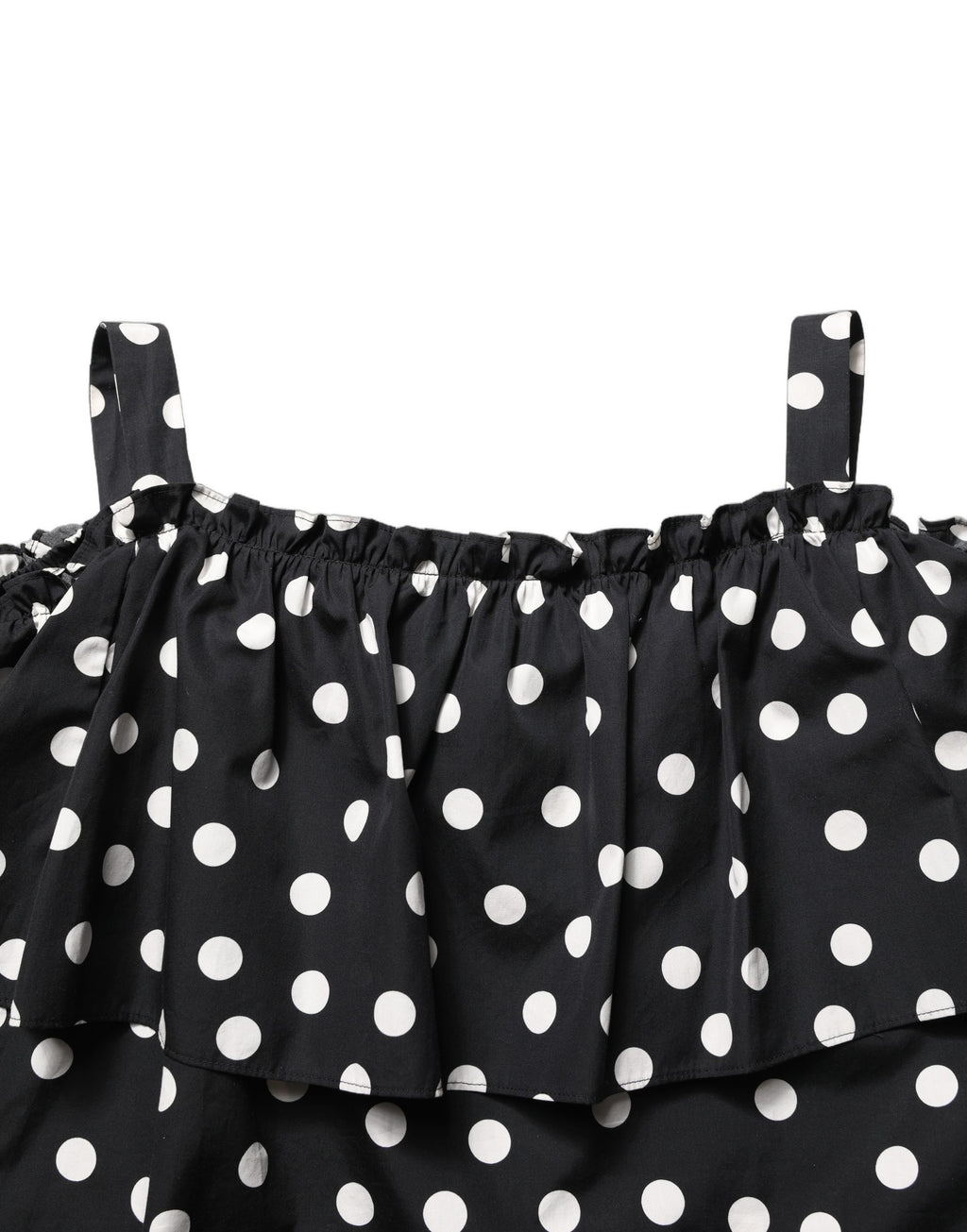 Top à pois noir et blanc Dolce & Gabbana, décolleté épaules, tissu léger, style élégant et tendance.