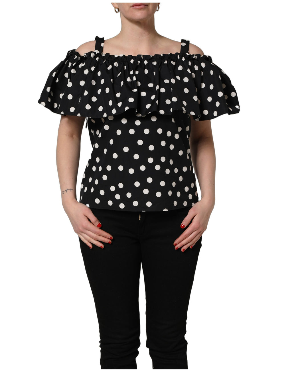 Haut noir et blanc à pois Dolce & Gabbana, à épaules dénudées avec manches longues, en tissu léger et élégant.