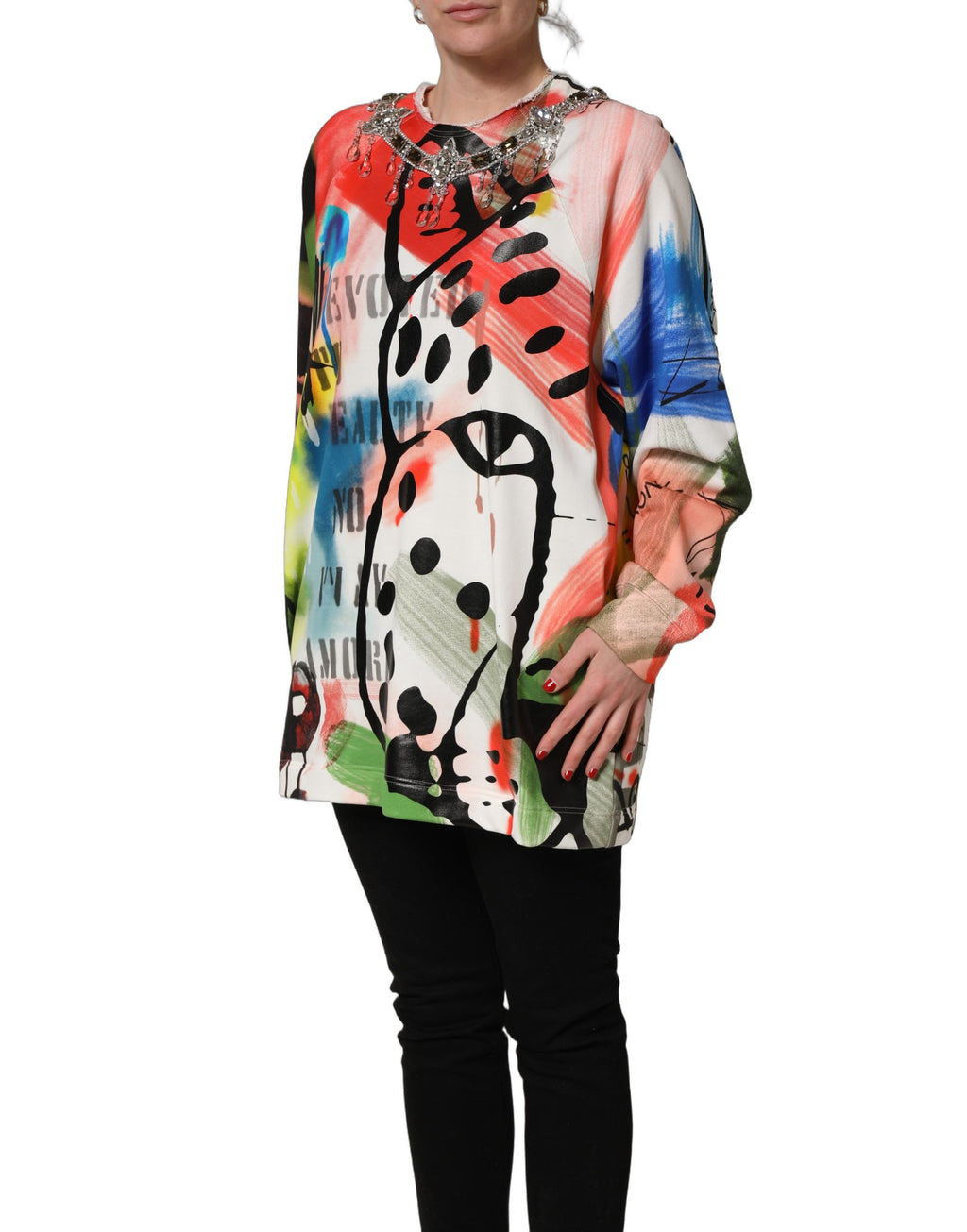 Sweatshirt Dolce & Gabbana multicolore avec embellissements graffiti, tissu confortable et style audacieux.