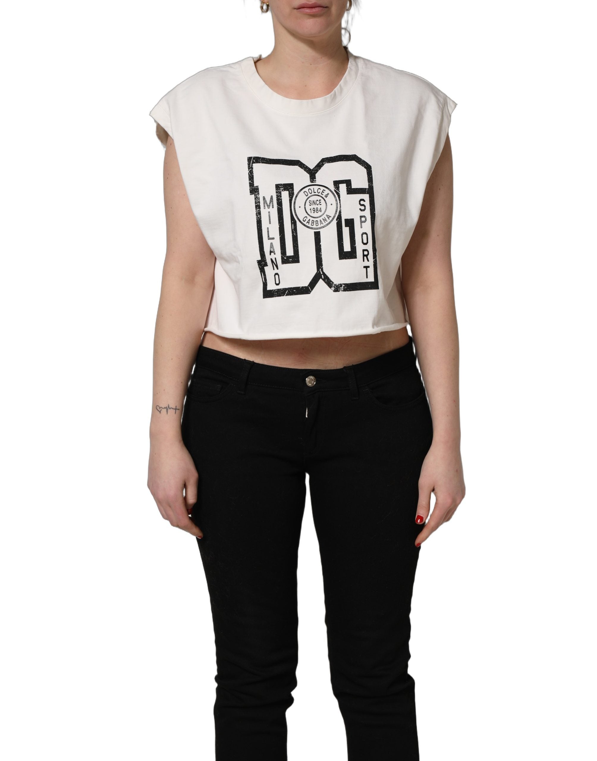 T-shirt court en jersey blanc Dolce & Gabbana avec logo en coton et imprimé DG, vue de face.