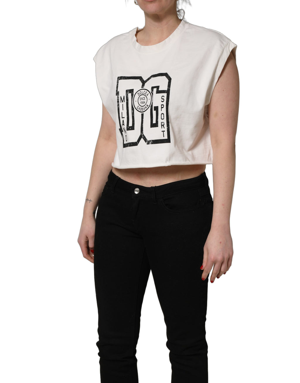 T-shirt court en jersey coton blanc Dolce & Gabbana avec logo imprimé, élégant et décontracté, pour femmes.