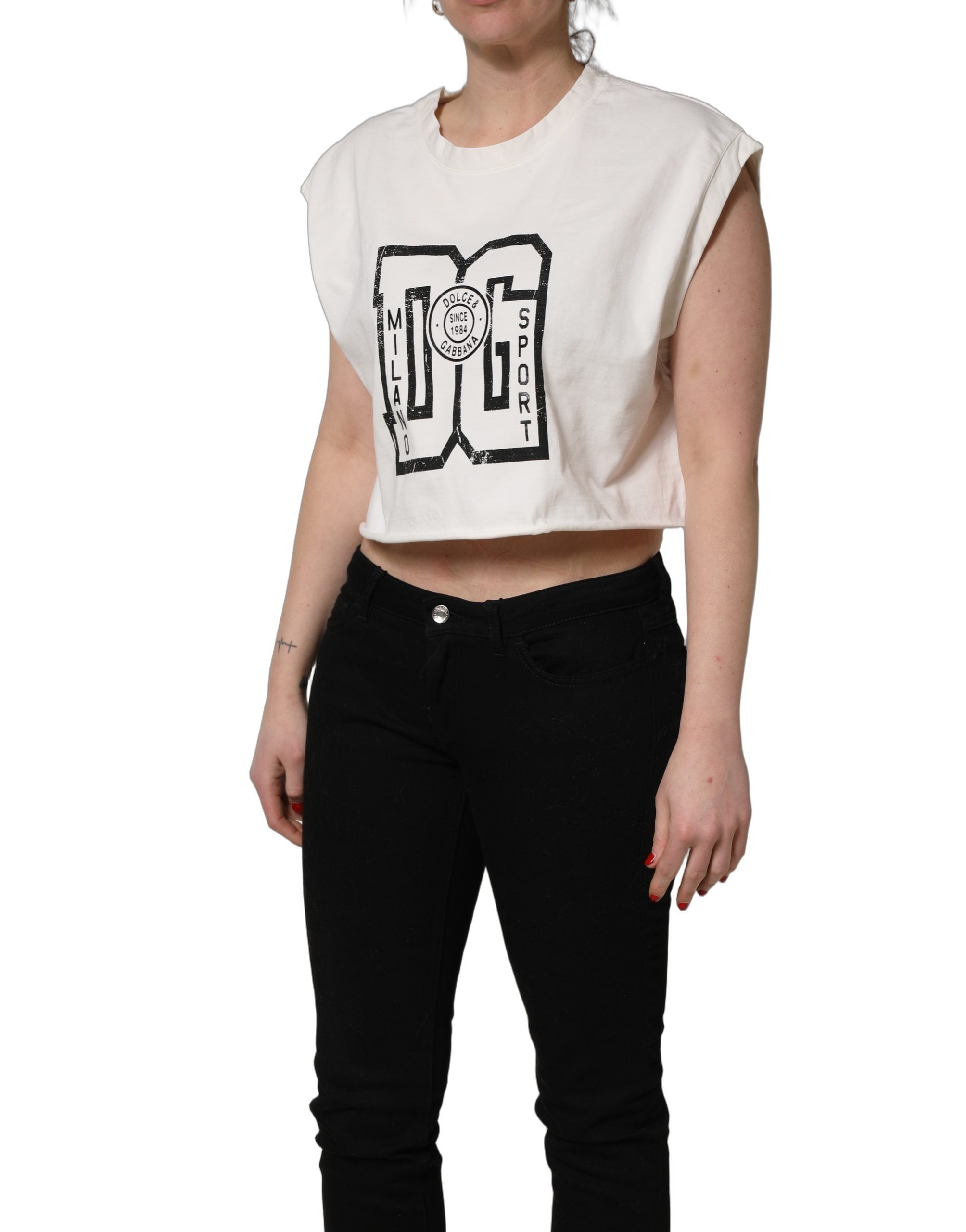 T-shirt court en jersey coton blanc Dolce & Gabbana avec logo imprimé, élégant et décontracté, pour femmes.