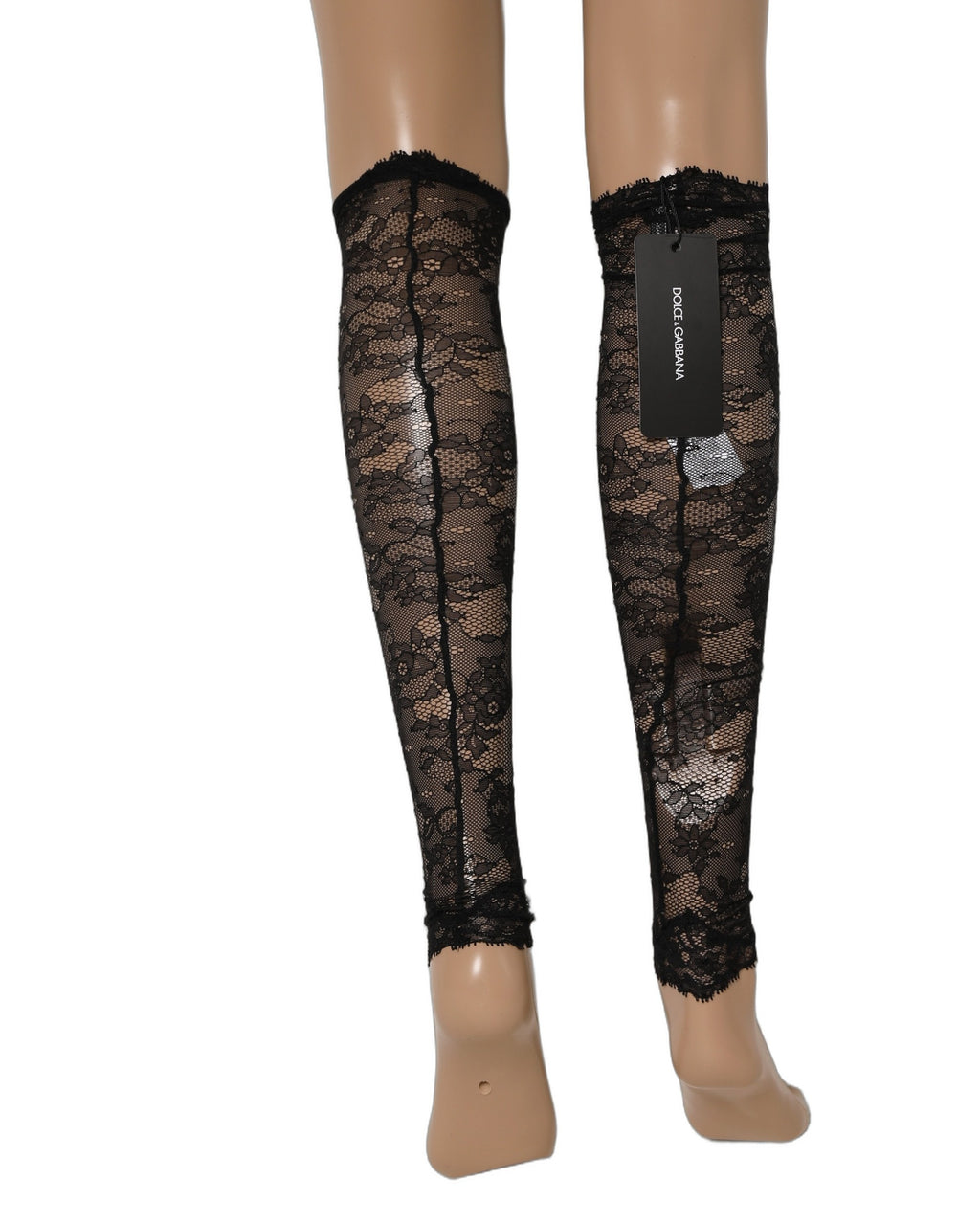 Chaussettes up to the genou en dentelle florale noire en nylon extensible de Dolce & Gabbana, élégantes et sophistiquées.