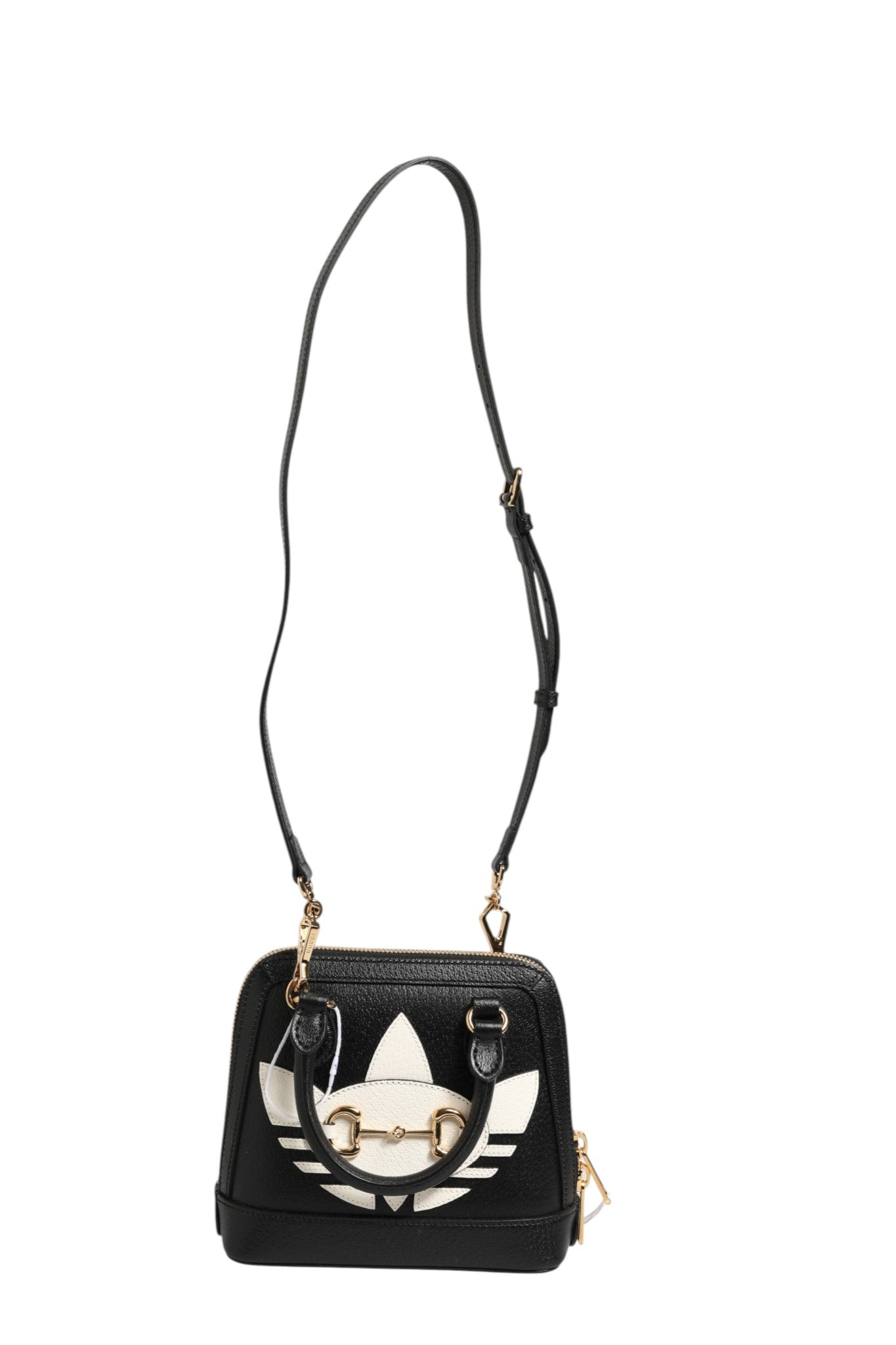 Mini sac Gucci x Adidas Horsebit 1955 avec logo, cuir noir et détail en métal, élégant et compact pour un style sophistiqué.