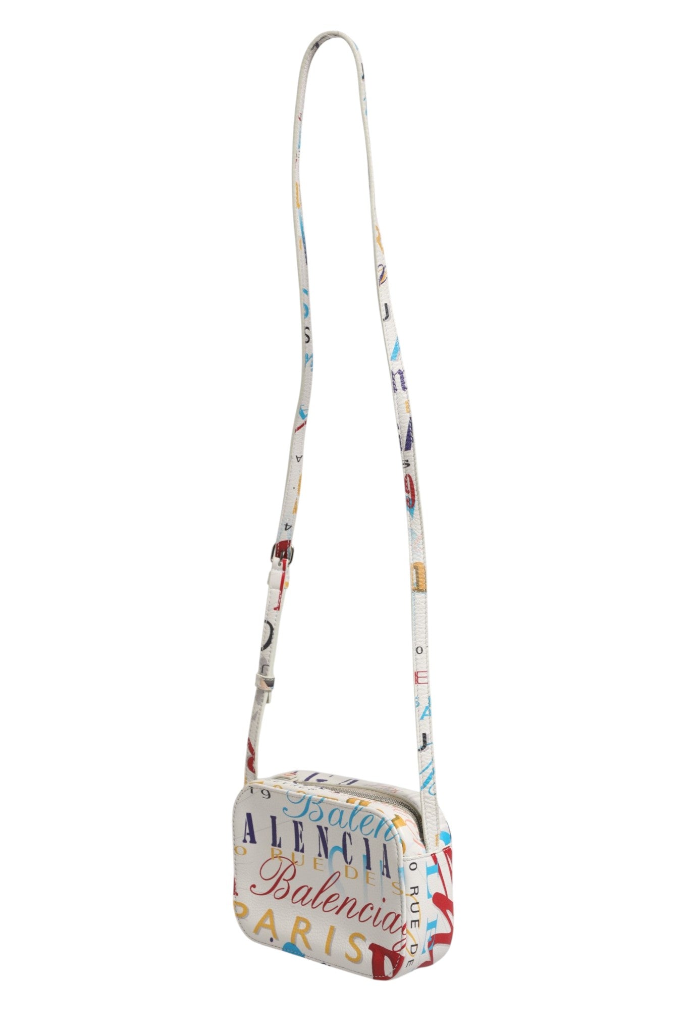 Sac à main Balenciaga Mini City en cuir blanc avec motif graffiti, élégant et compact, idéal pour un style moderne.